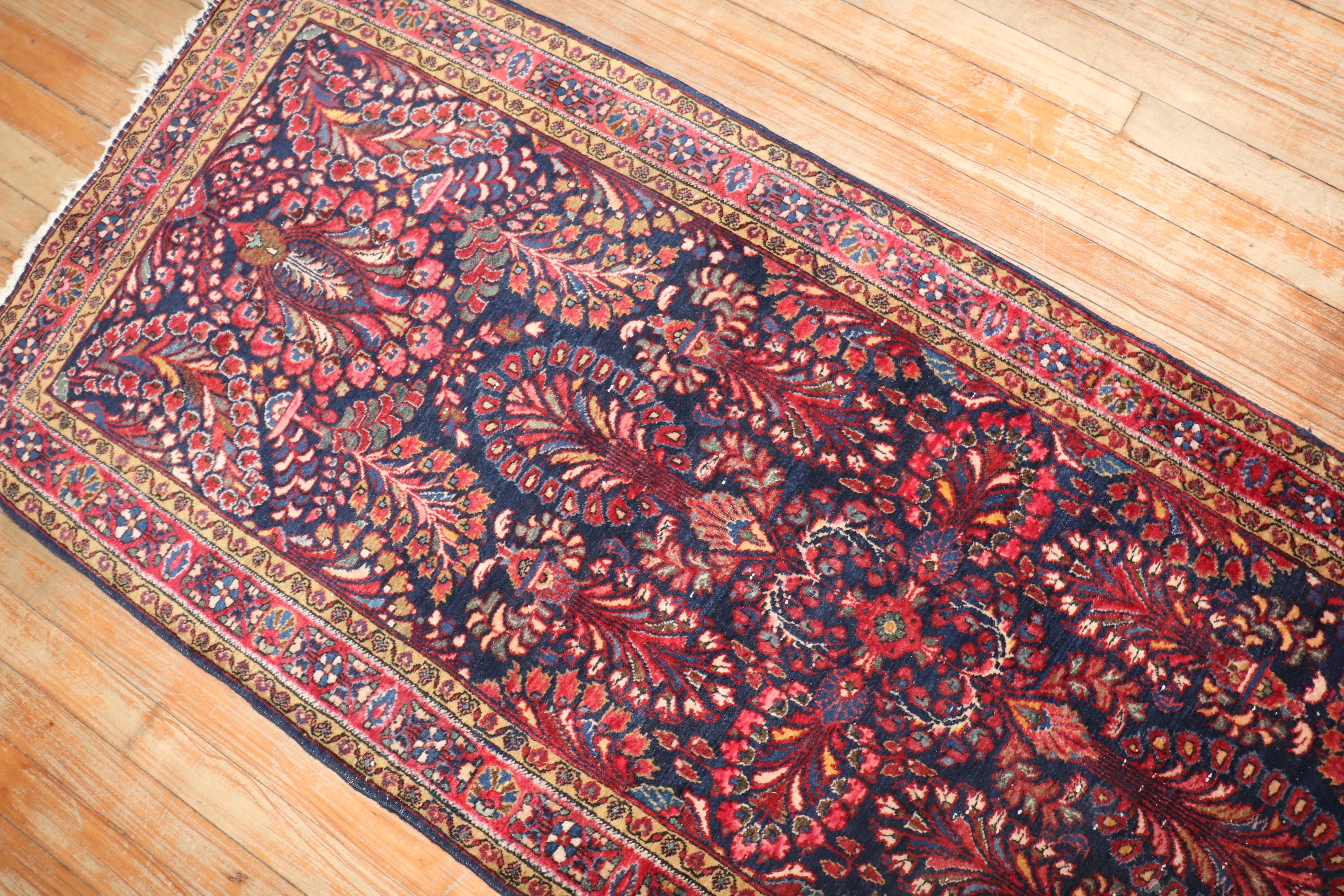 Zabihi Collection Navy Antique Persian Sarouk Small Runner In Good Condition For Sale In New York, NY