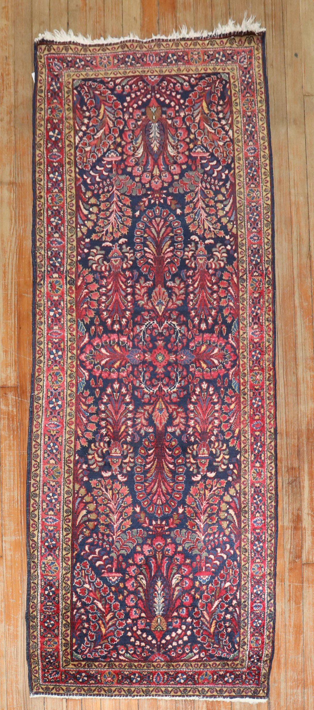 Wool Zabihi Collection Navy Antique Persian Sarouk Small Runner For Sale