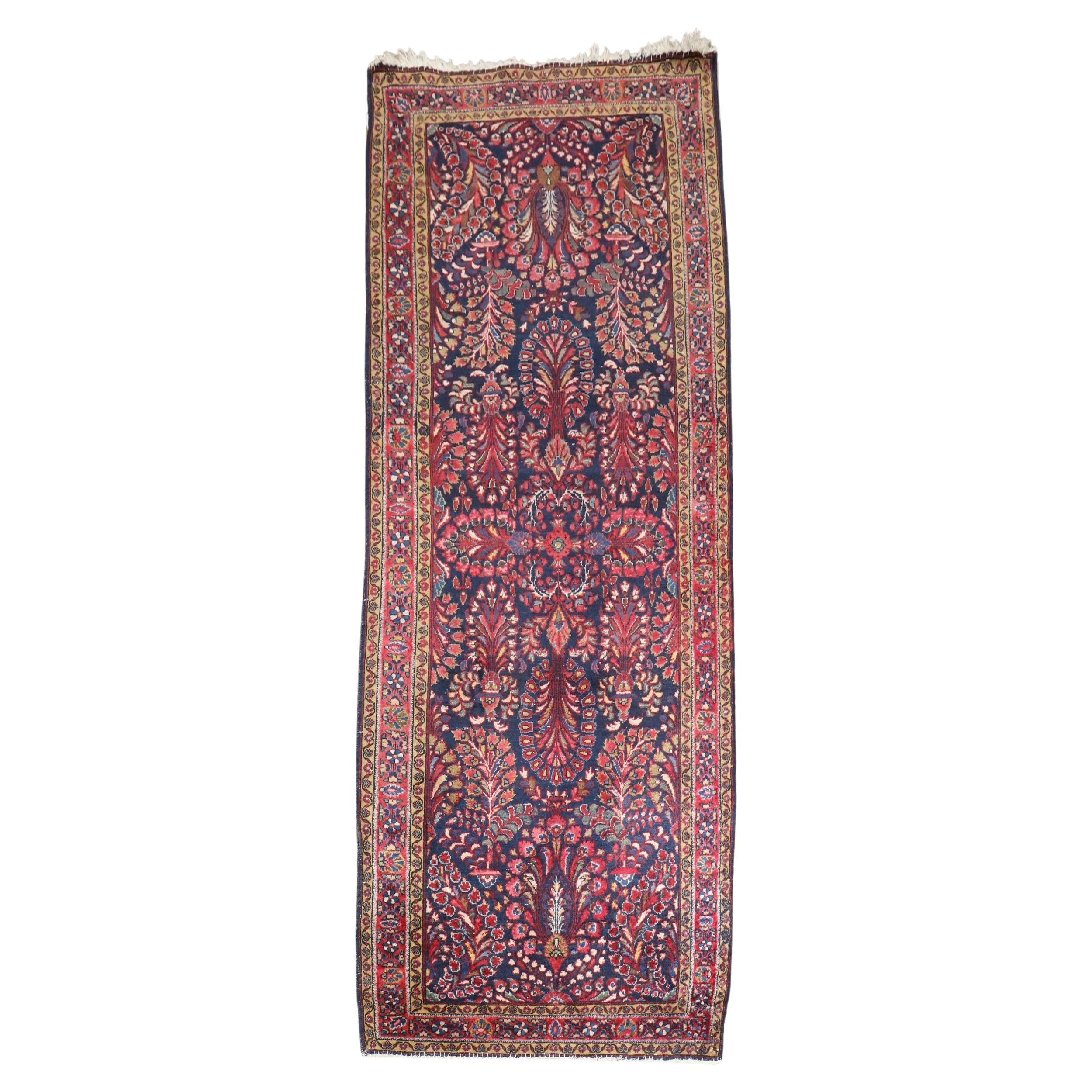 Zabihi Collection Navy Antique Persian Sarouk Small Runner For Sale