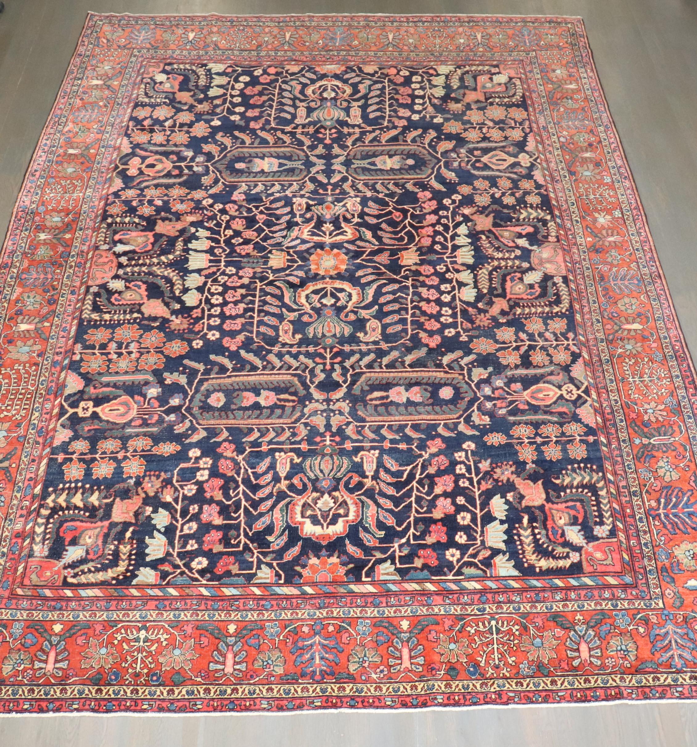 Zabihi Collection Navy Blue Field Antique Persian Fine Sarouk Rug For Sale 3