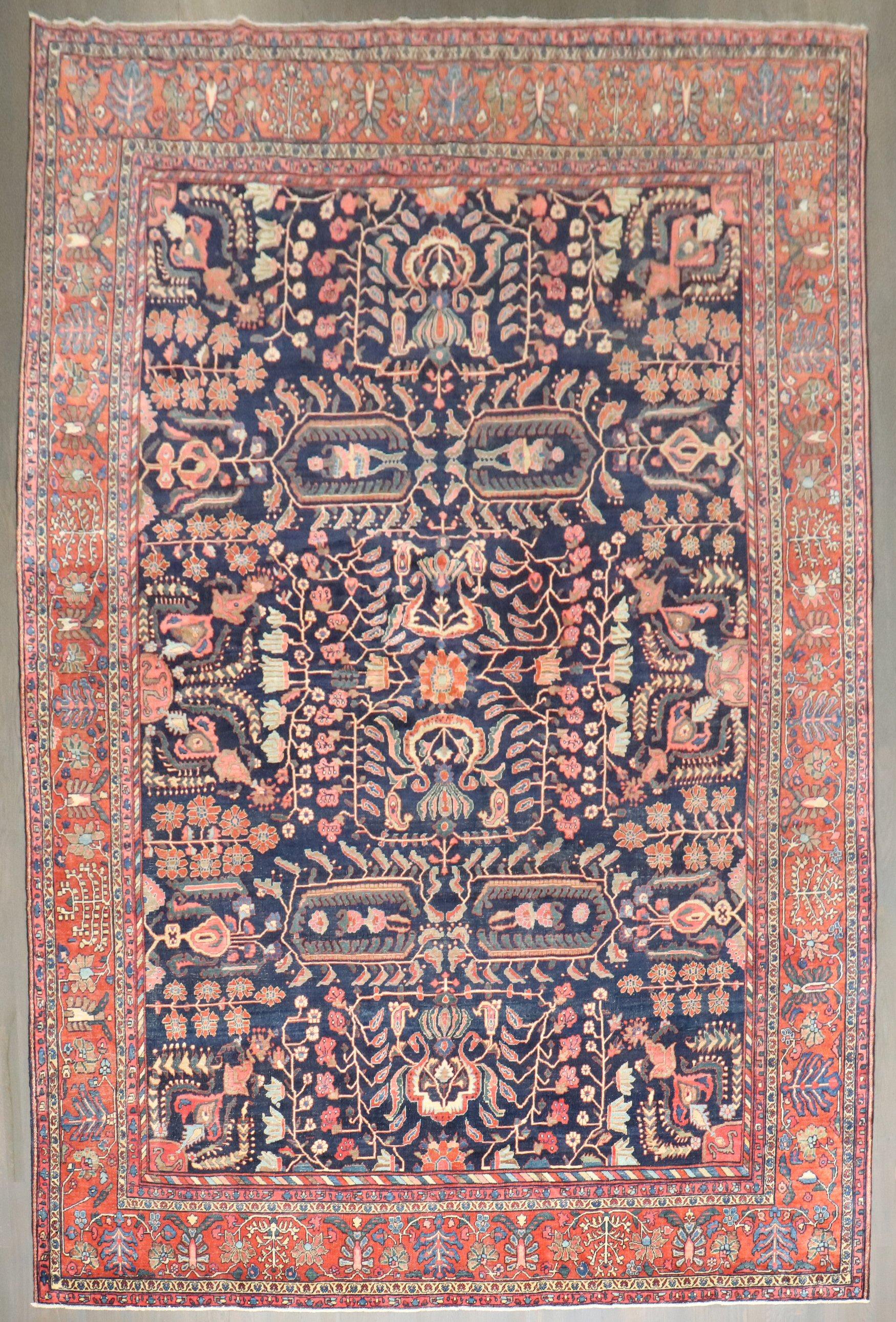 Zabihi Collection Navy Blue Field Antique Persian Fine Sarouk Rug For Sale 4