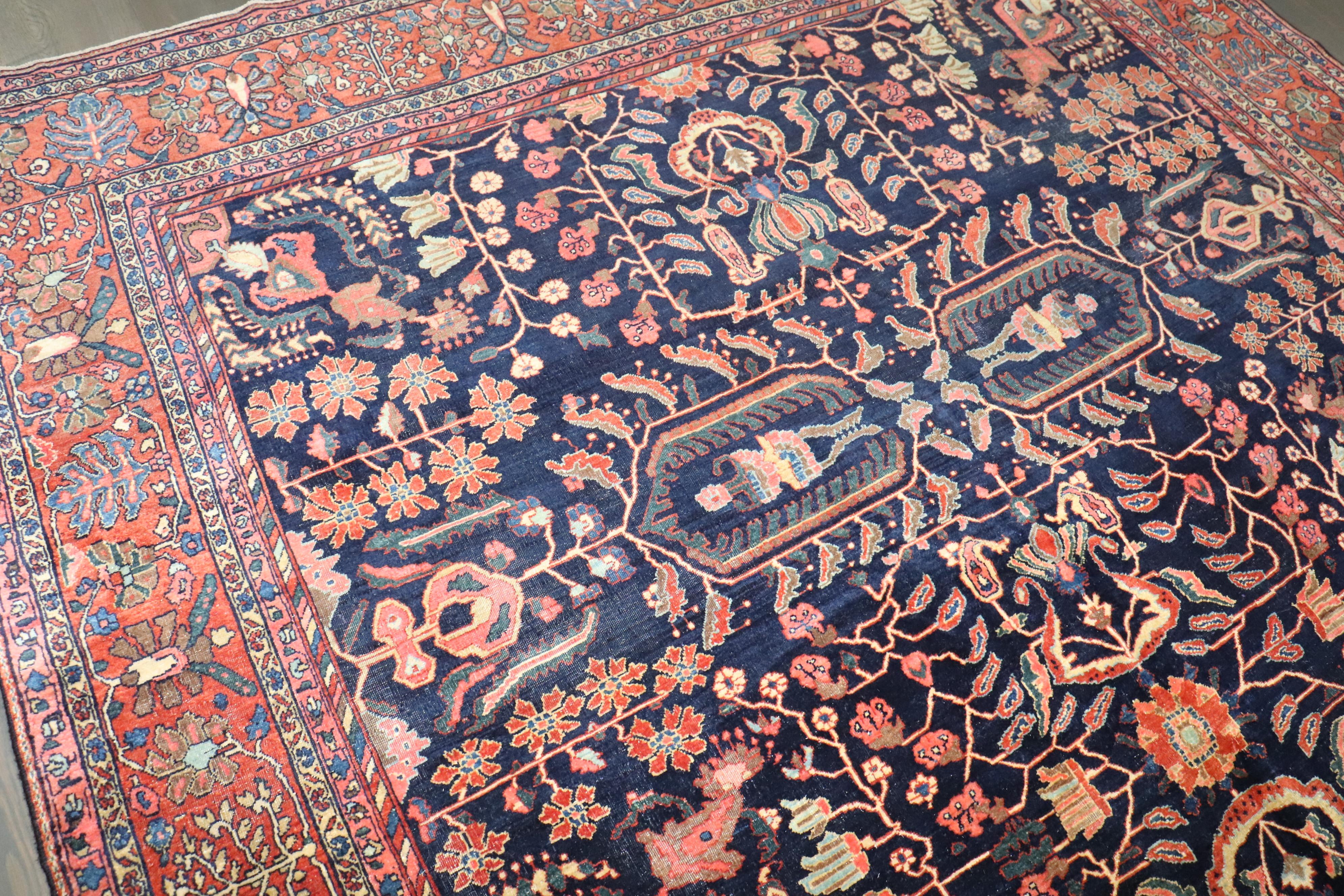 Agra Zabihi Collection Navy Blue Field Antique Persian Fine Sarouk Rug For Sale