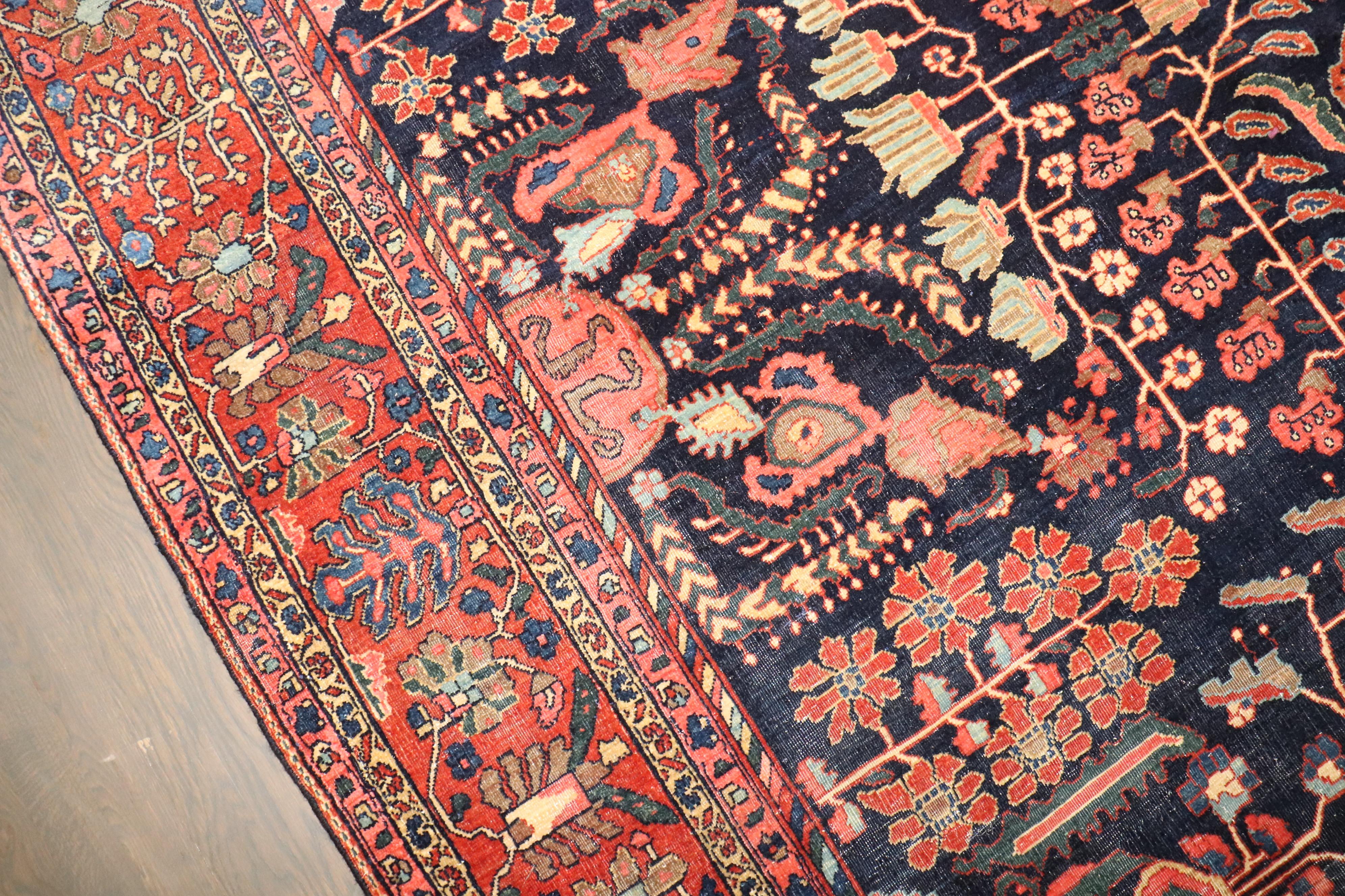 Hand-Knotted Zabihi Collection Navy Blue Field Antique Persian Fine Sarouk Rug For Sale