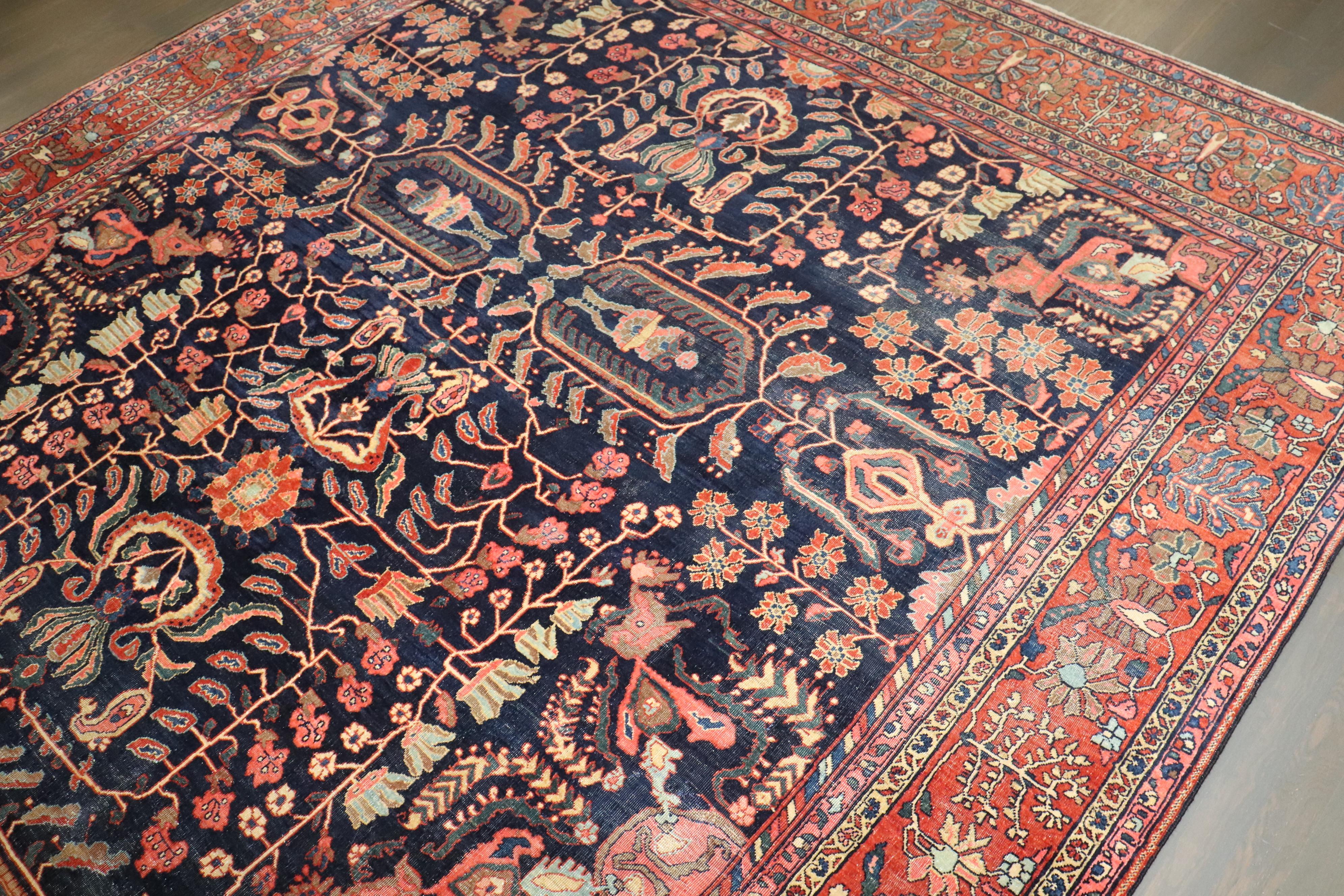 19th Century Zabihi Collection Navy Blue Field Antique Persian Fine Sarouk Rug For Sale
