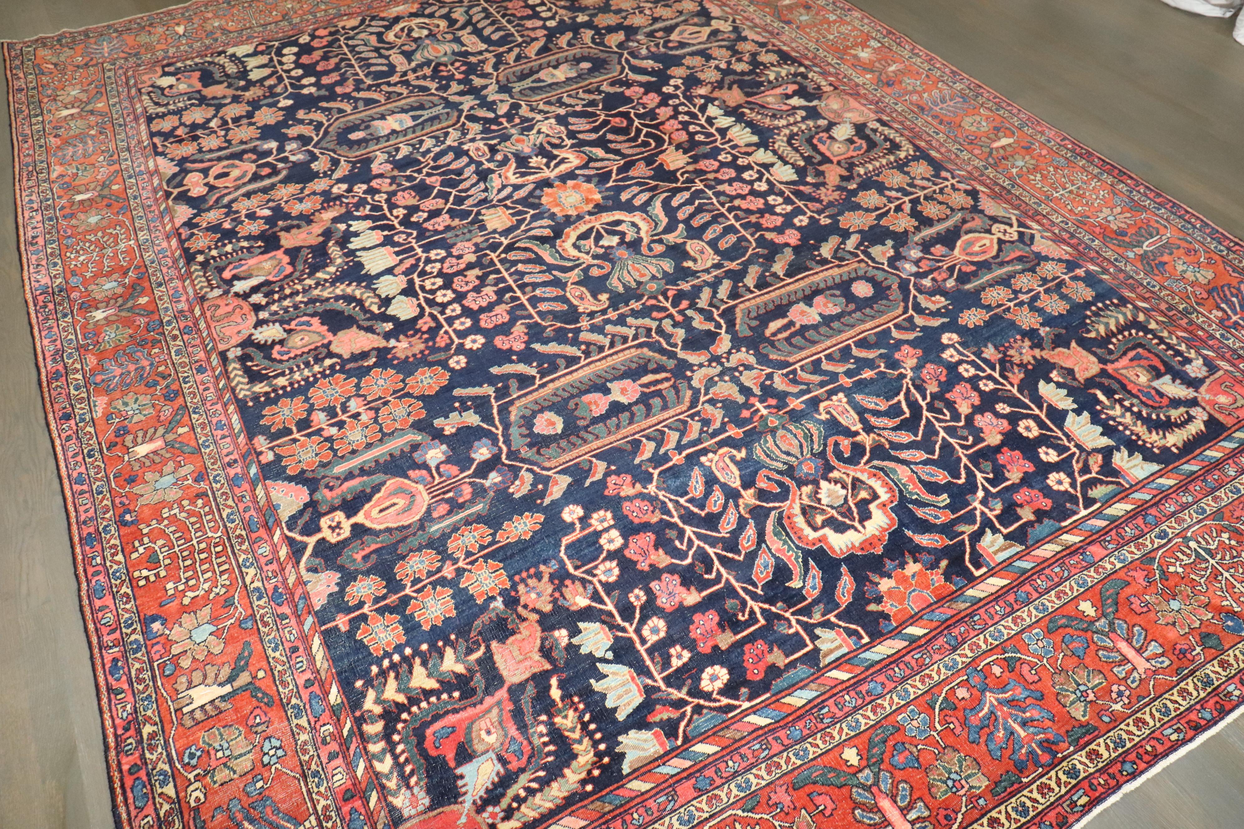 Zabihi Collection Navy Blue Field Antique Persian Fine Sarouk Rug For Sale 1
