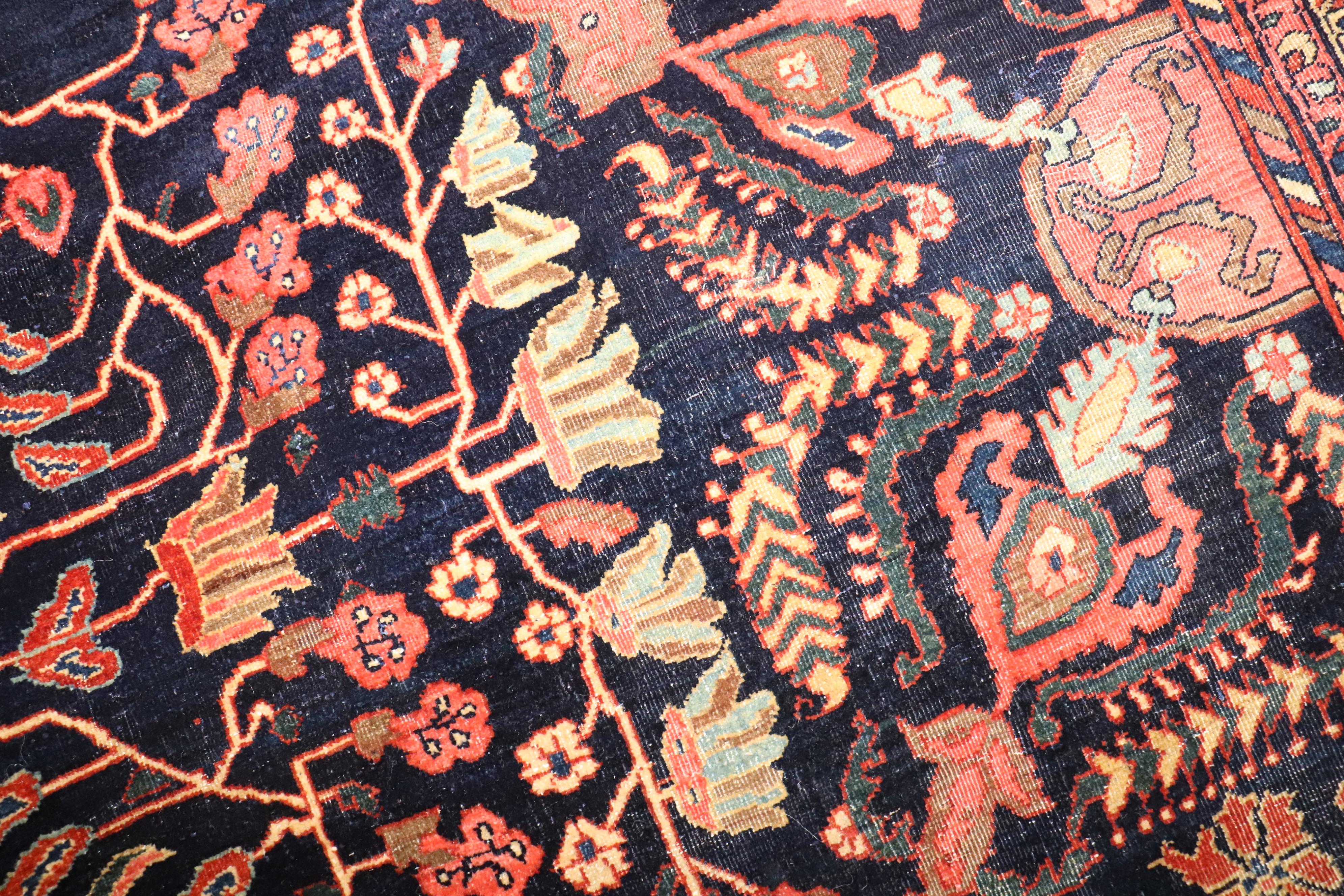 Zabihi Collection Navy Blue Field Antique Persian Fine Sarouk Rug For Sale 2