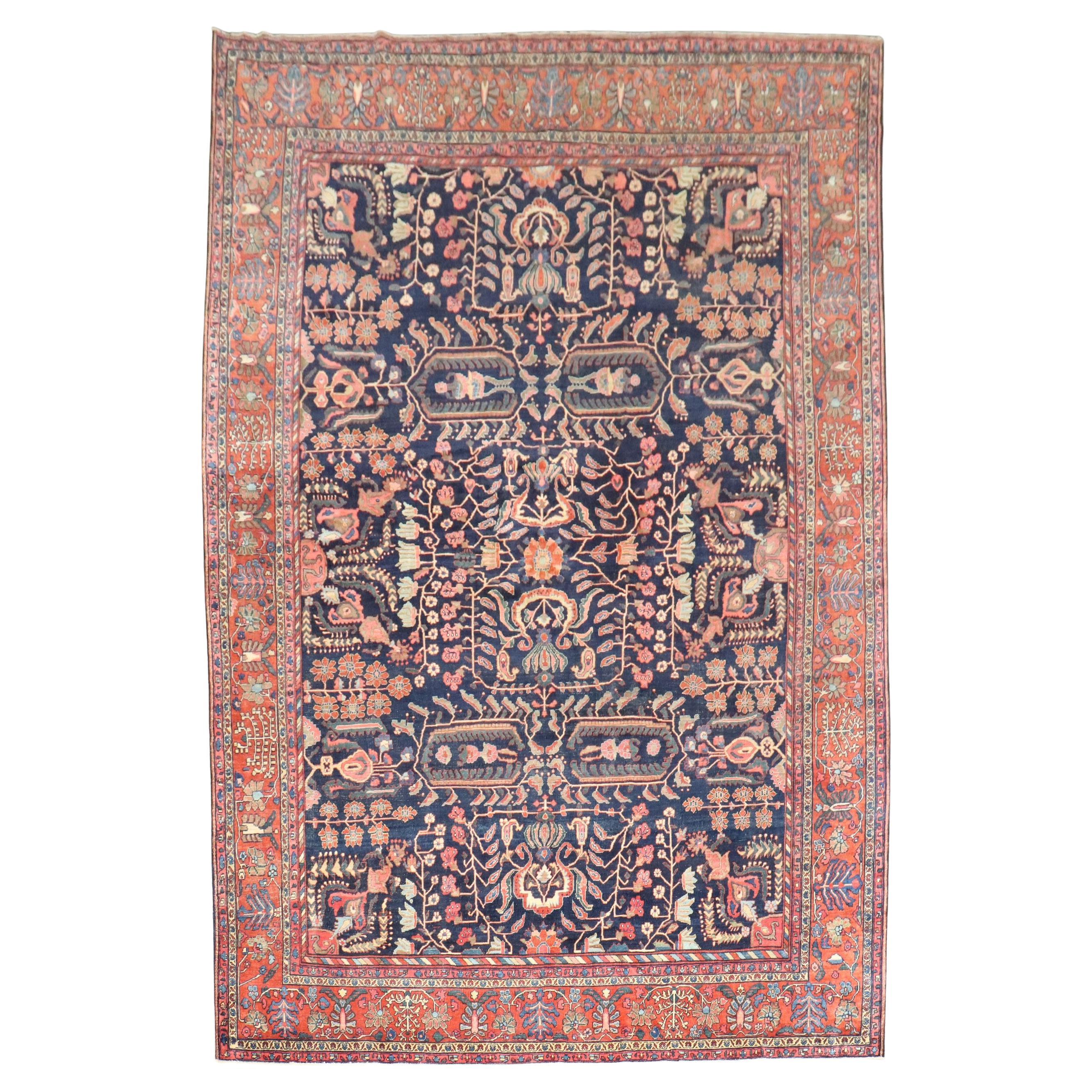 Zabihi Collection Navy Blue Field Antique Persian Fine Sarouk Rug For Sale