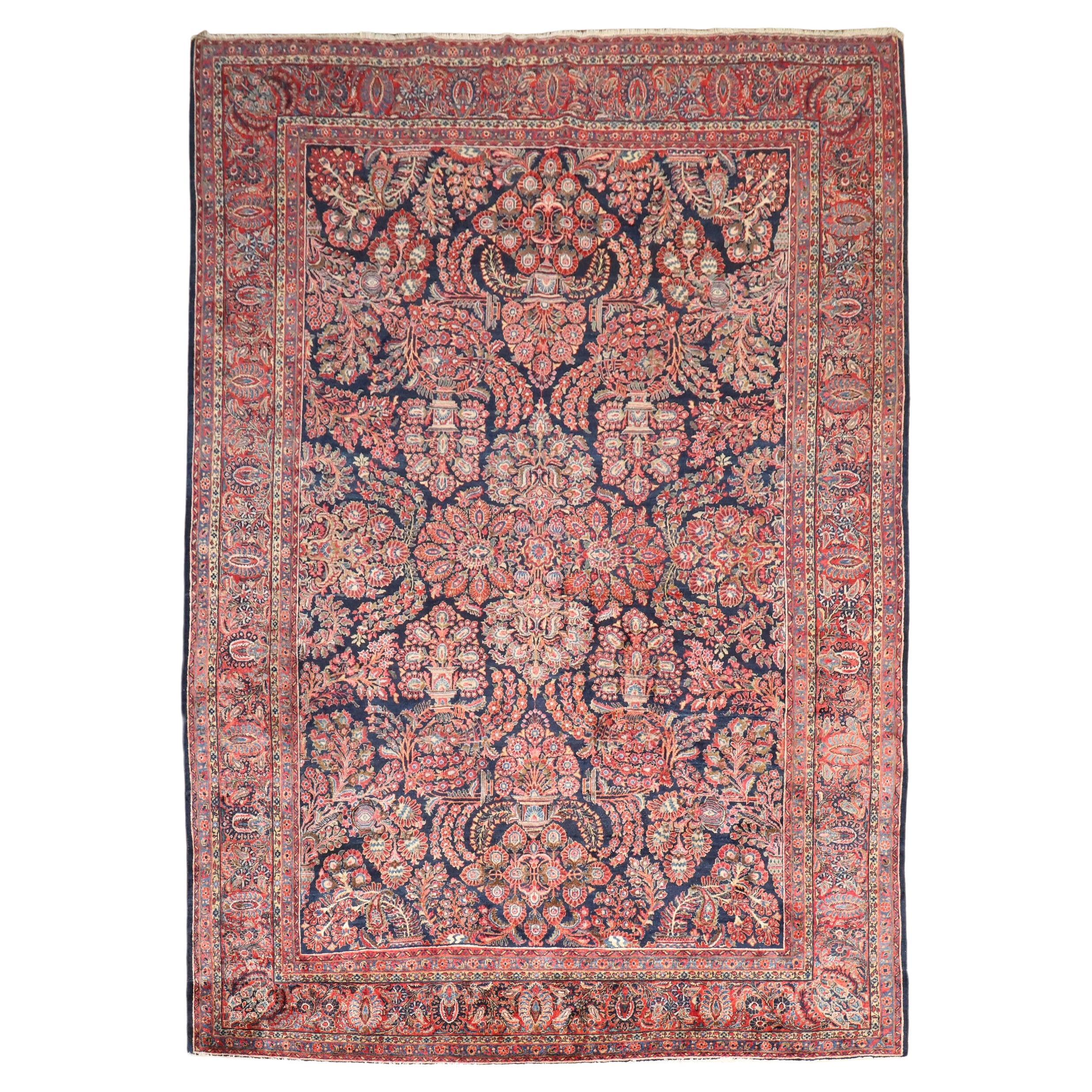 Zabihi Collection Navy Blue Persian Traditional Room Size Sarouk Rug For Sale
