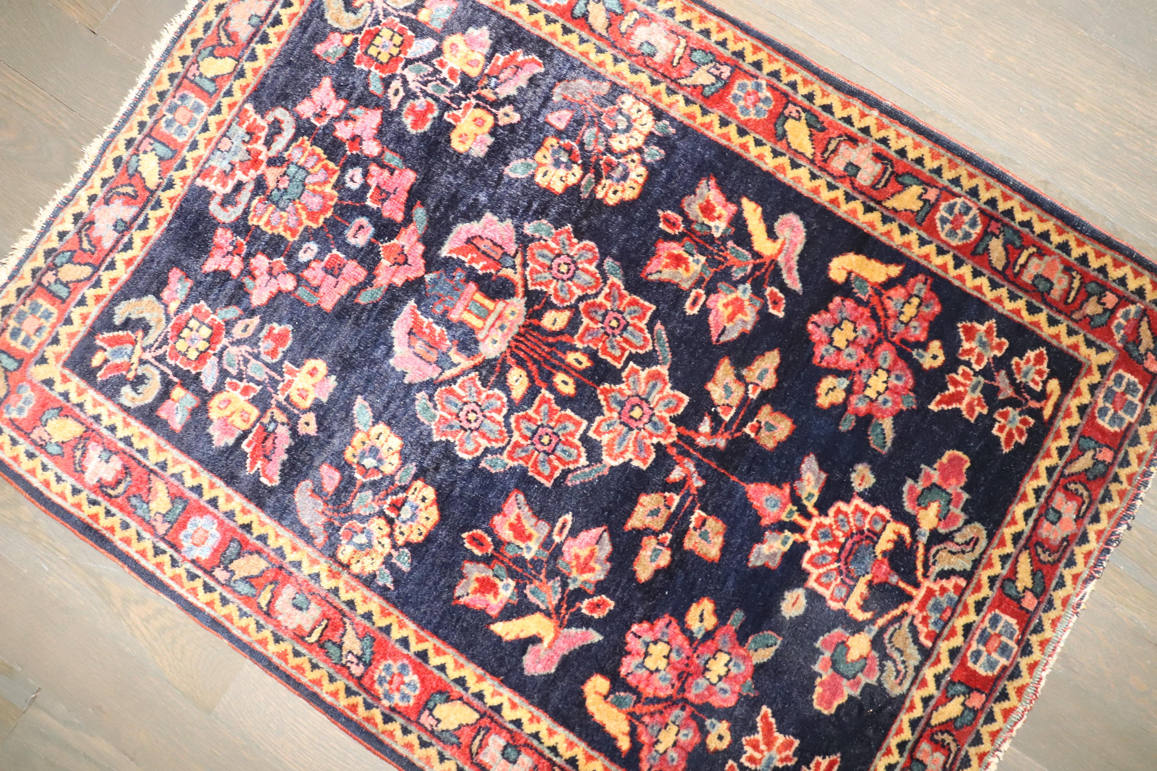 Persian Zabihi Collection Navy Sarouk Mini Rug For Sale