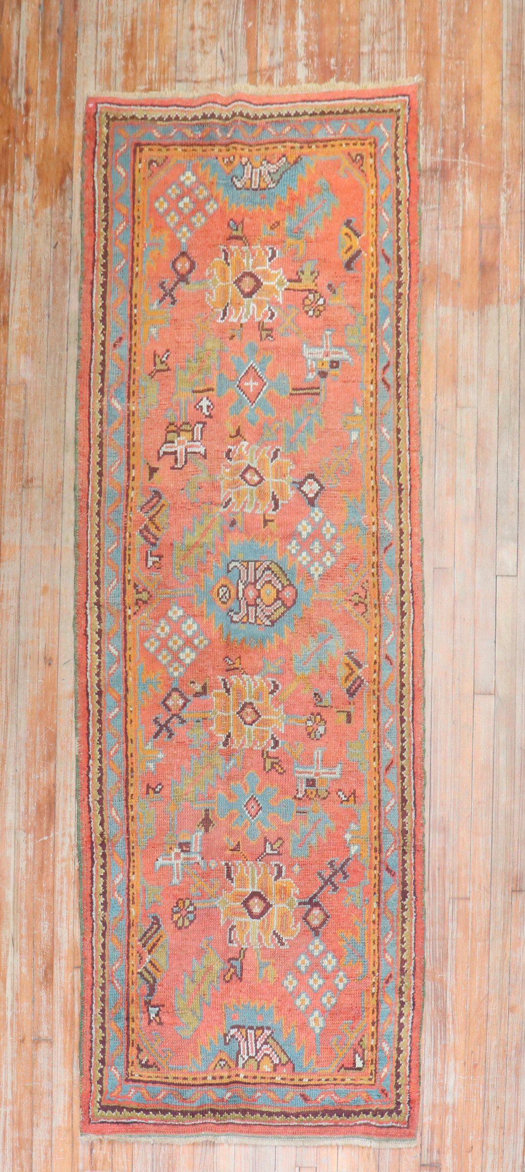 an early 20th Century Orange Peel Color Oushak Runner

Details
rug no.	j3055
size	3' 2