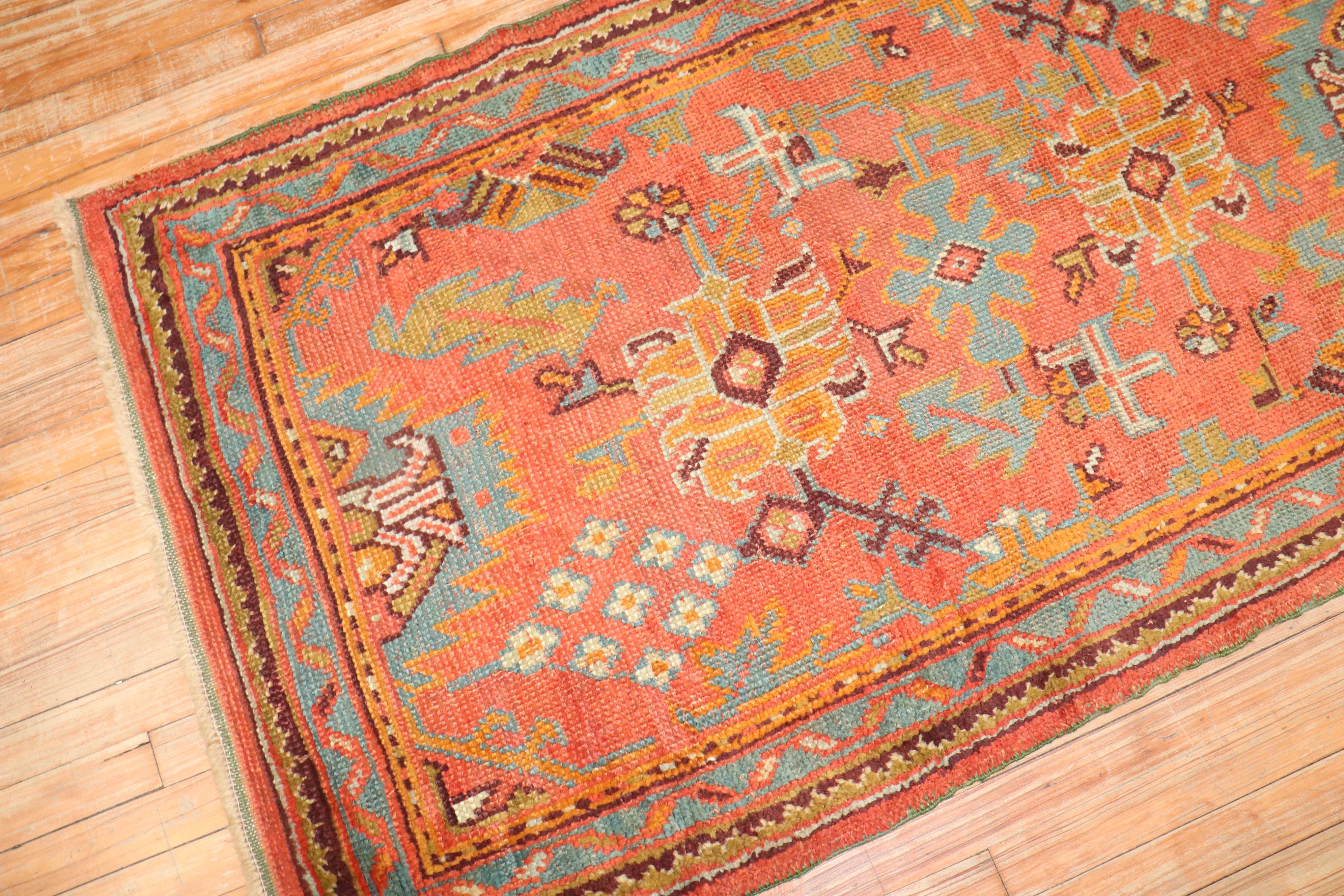 Wool Zabihi Collection Orange Antique Turkish Oushak Runner For Sale
