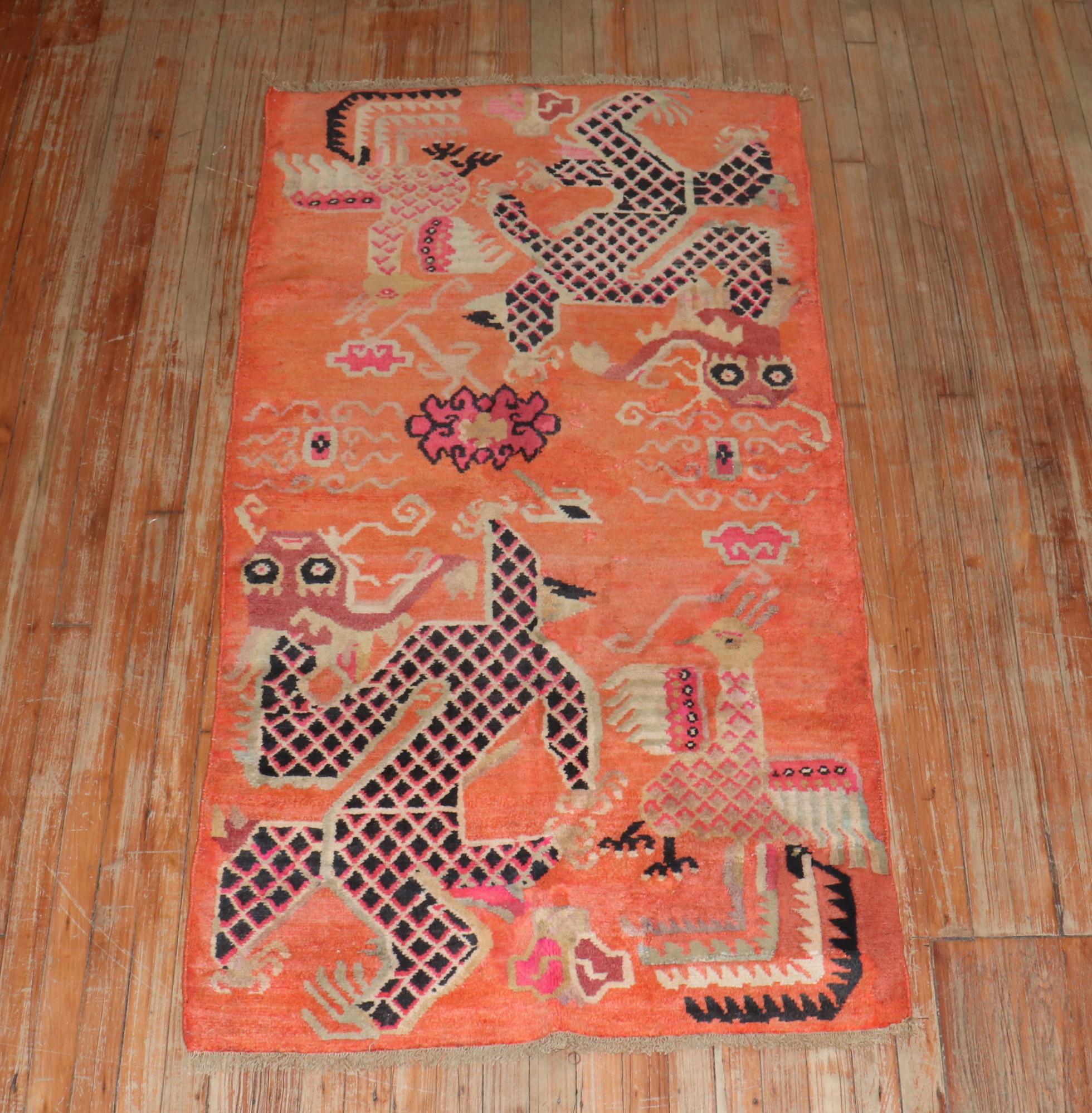 Folk Art Zabihi Collection Orange Dragon Vintage Tibetan Rug For Sale