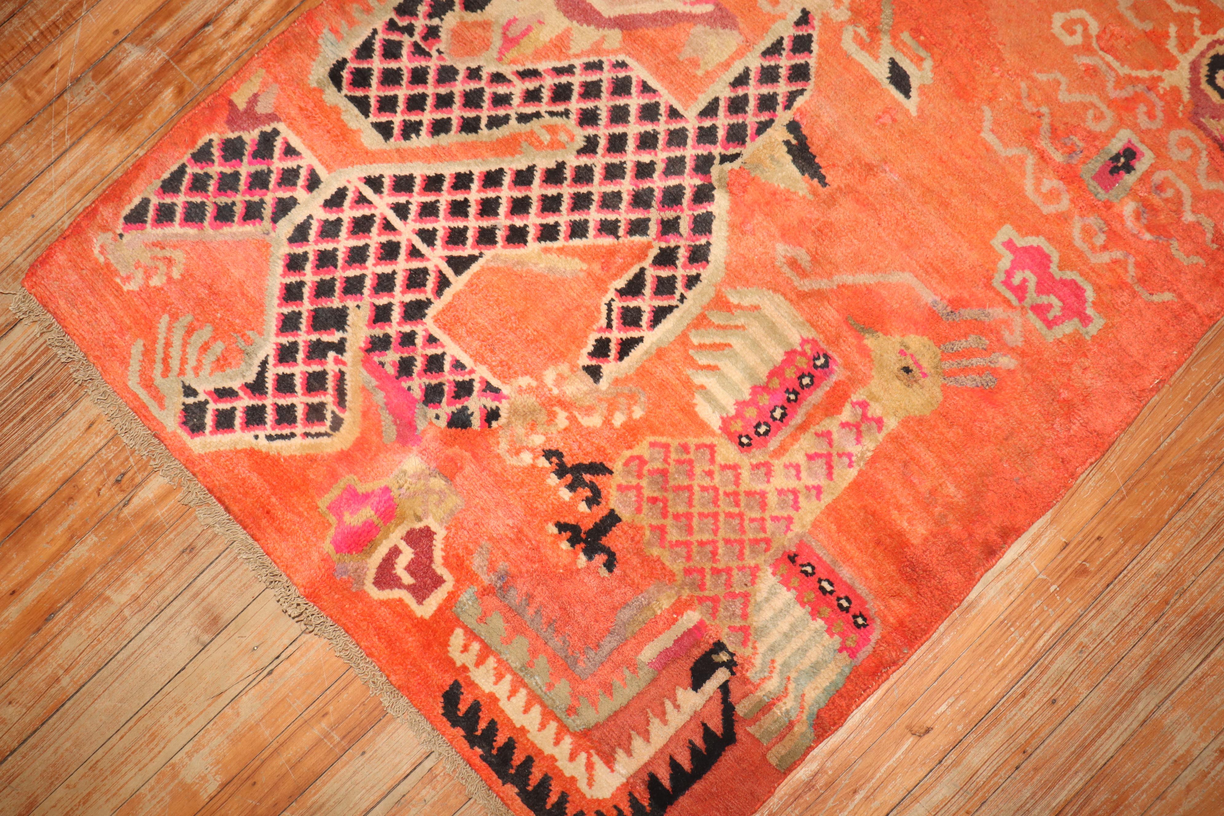 Zabihi Collection Orange Dragon Vintage Tibetan Rug In Good Condition For Sale In New York, NY