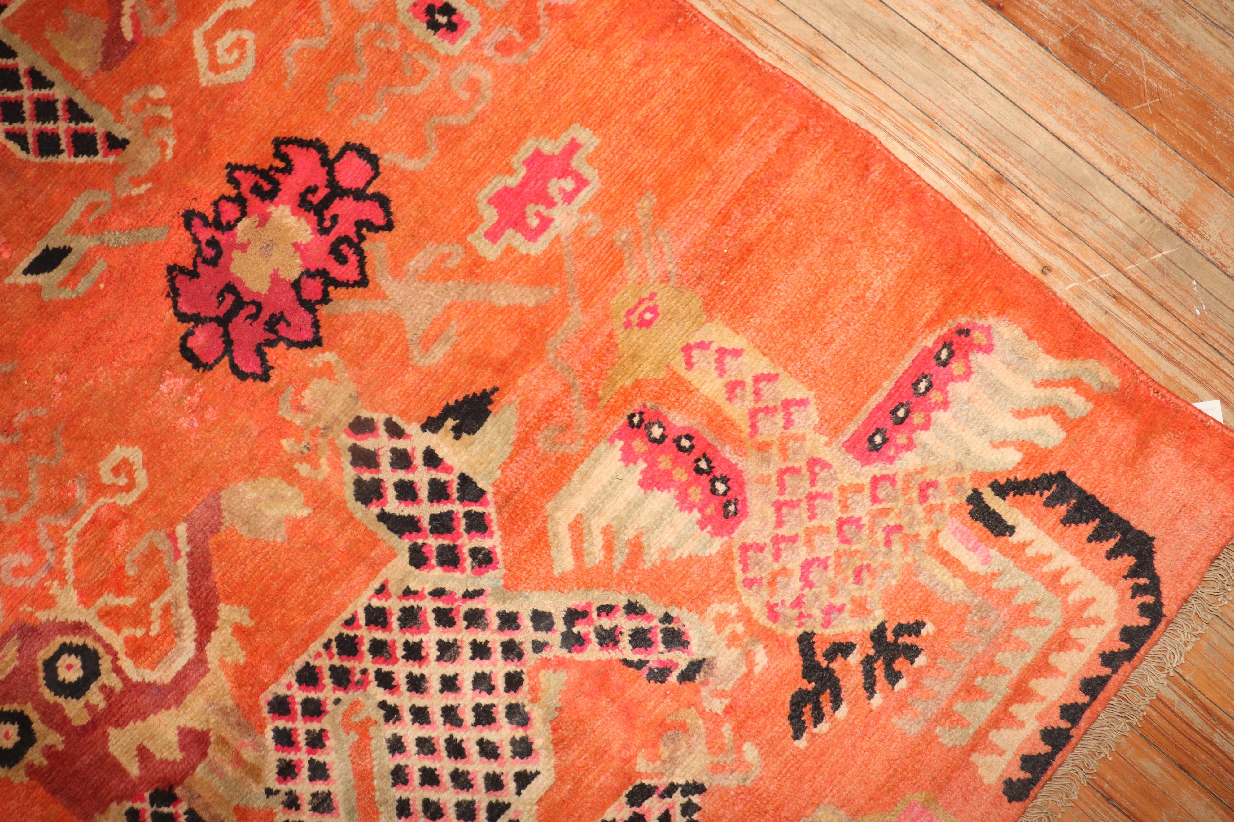 Zabihi Collection Orange Dragon Vintage Tibetan Rug For Sale 1