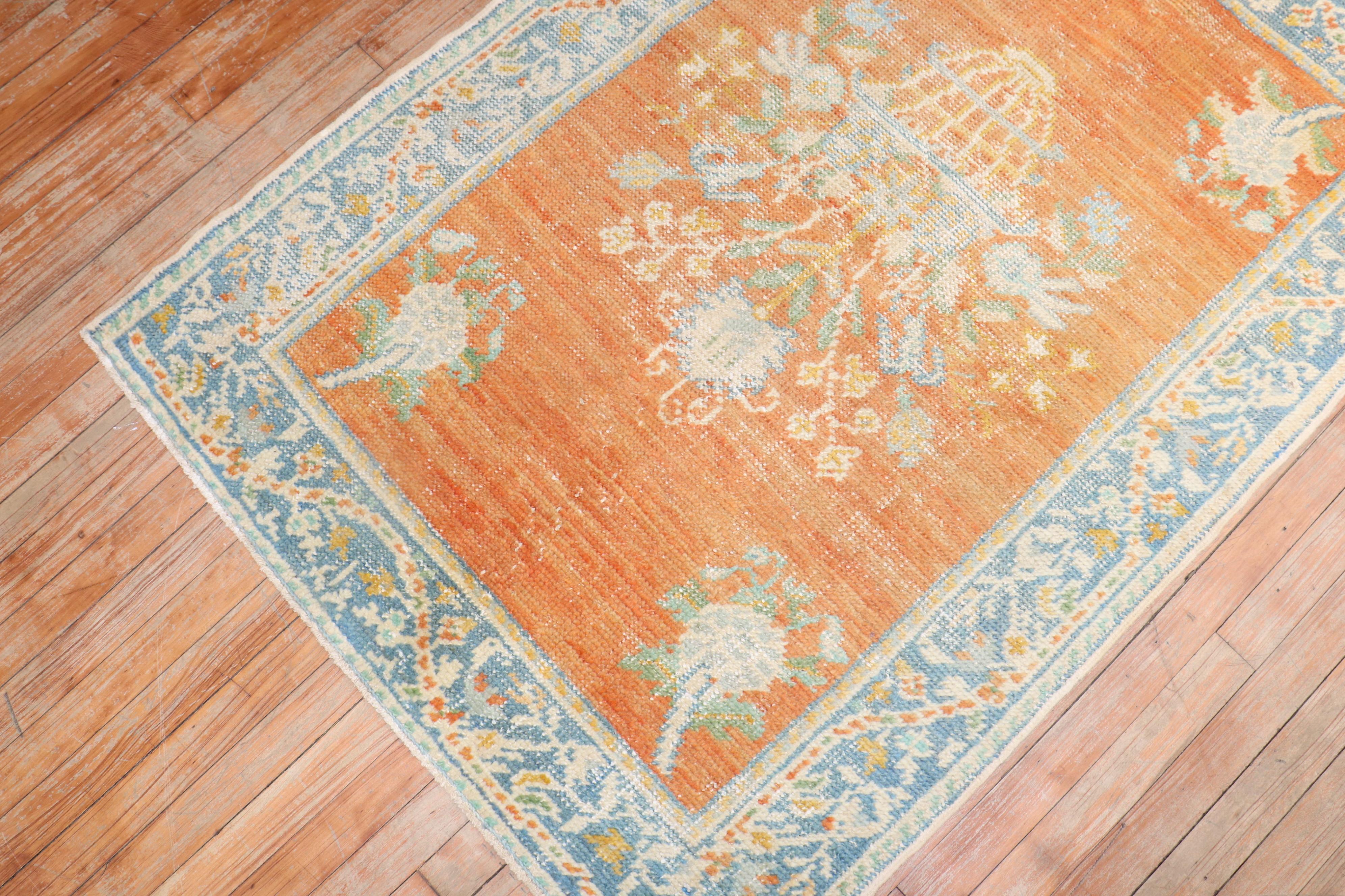 Zabihi Collection Orange Floral Scatter Antique Oushak Rug In Good Condition For Sale In New York, NY