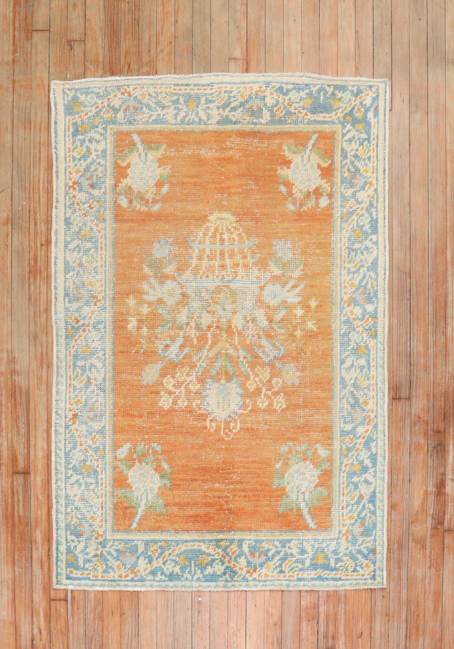 20th Century Zabihi Collection Orange Floral Scatter Antique Oushak Rug For Sale