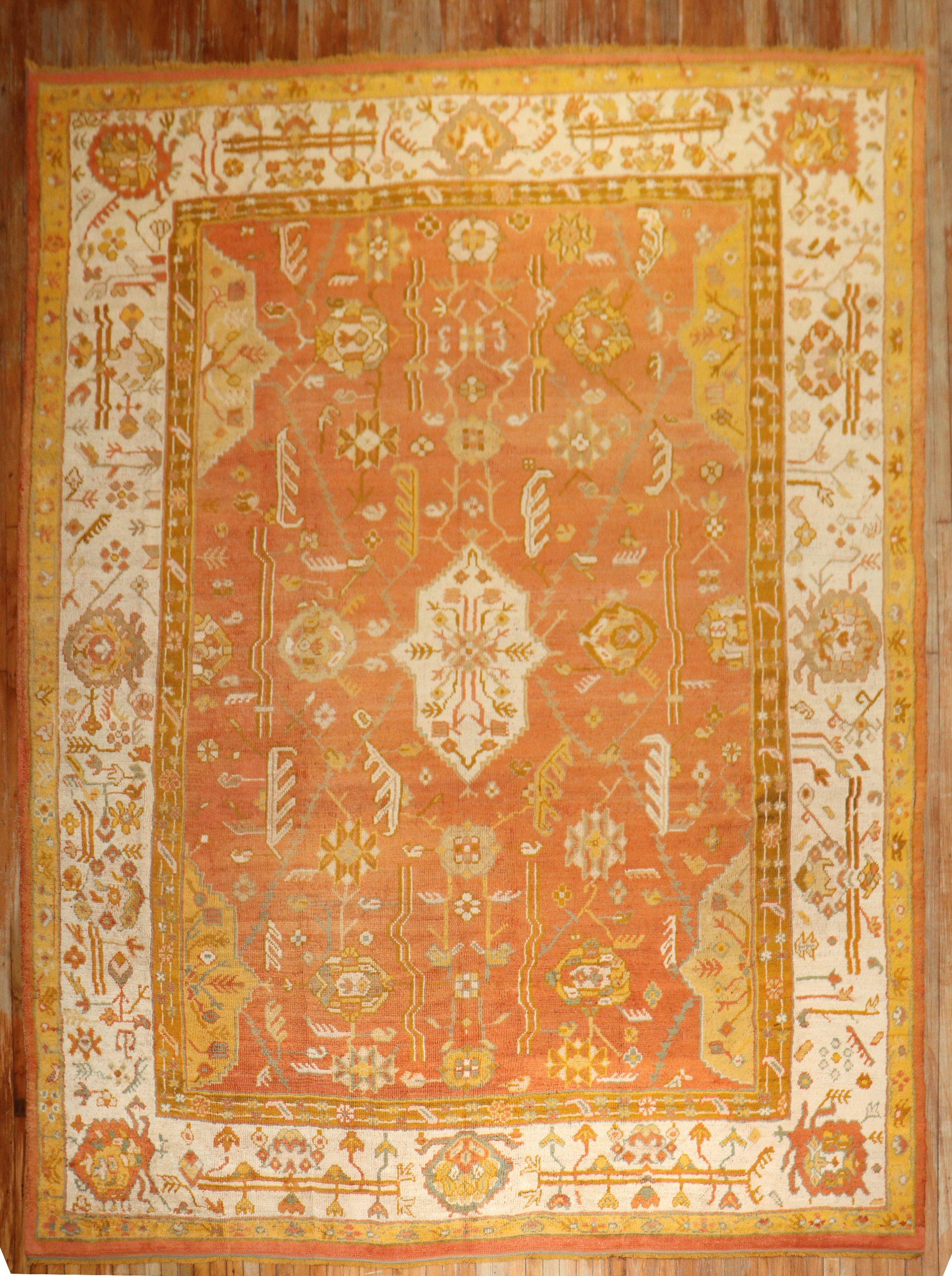 Zabihi Collection Orange  Ivory Antique Oushak Rug For Sale 5