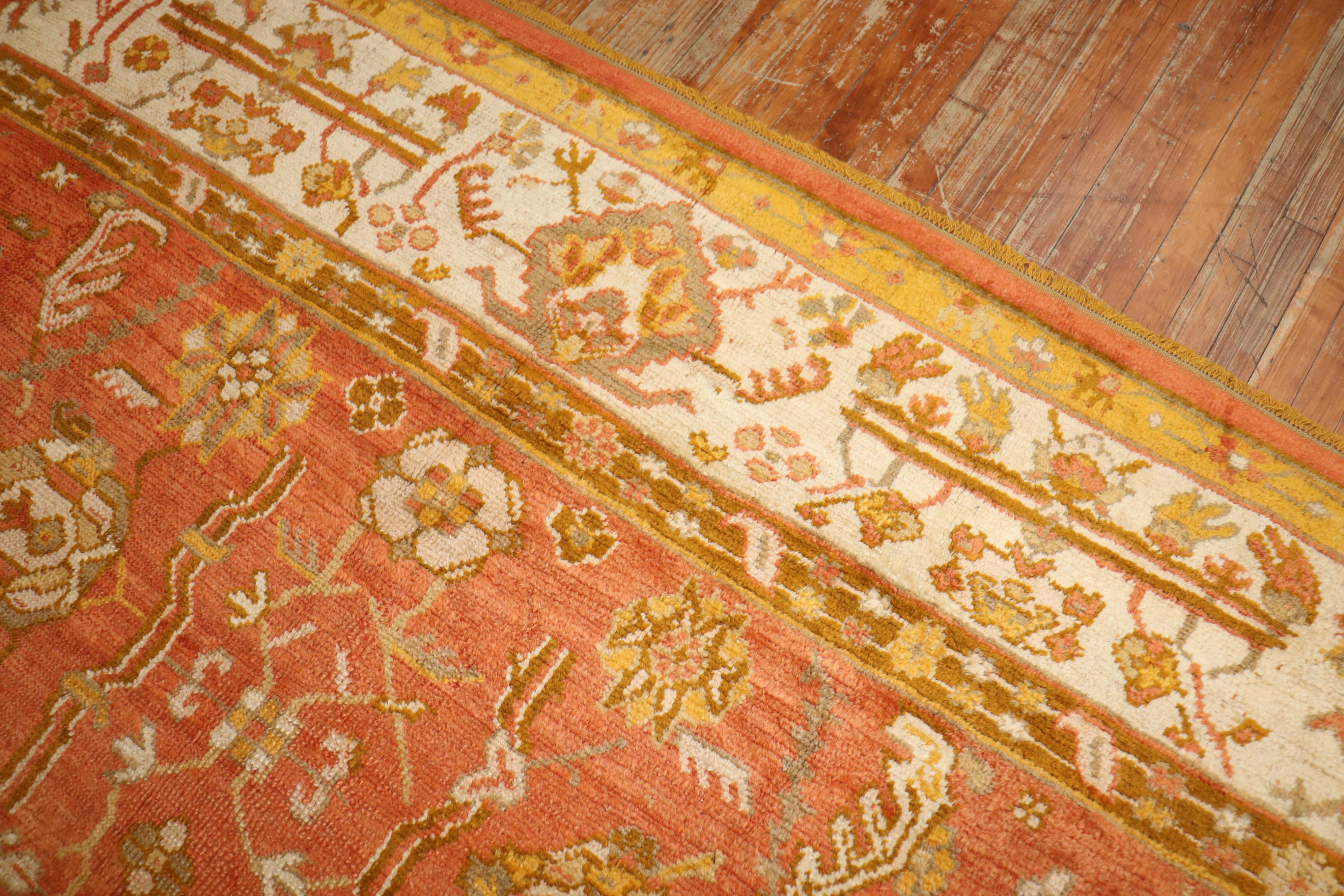 Zabihi Collection Orange  Ivory Antique Oushak Rug In Good Condition For Sale In New York, NY