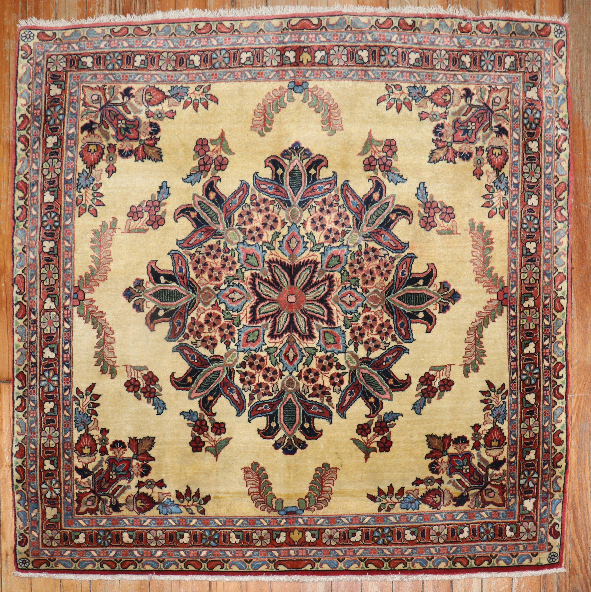 An authentic early 20th-century small square size ornate Sarouk carpet with traditional formal design in rare square size.

Measures: 3'3