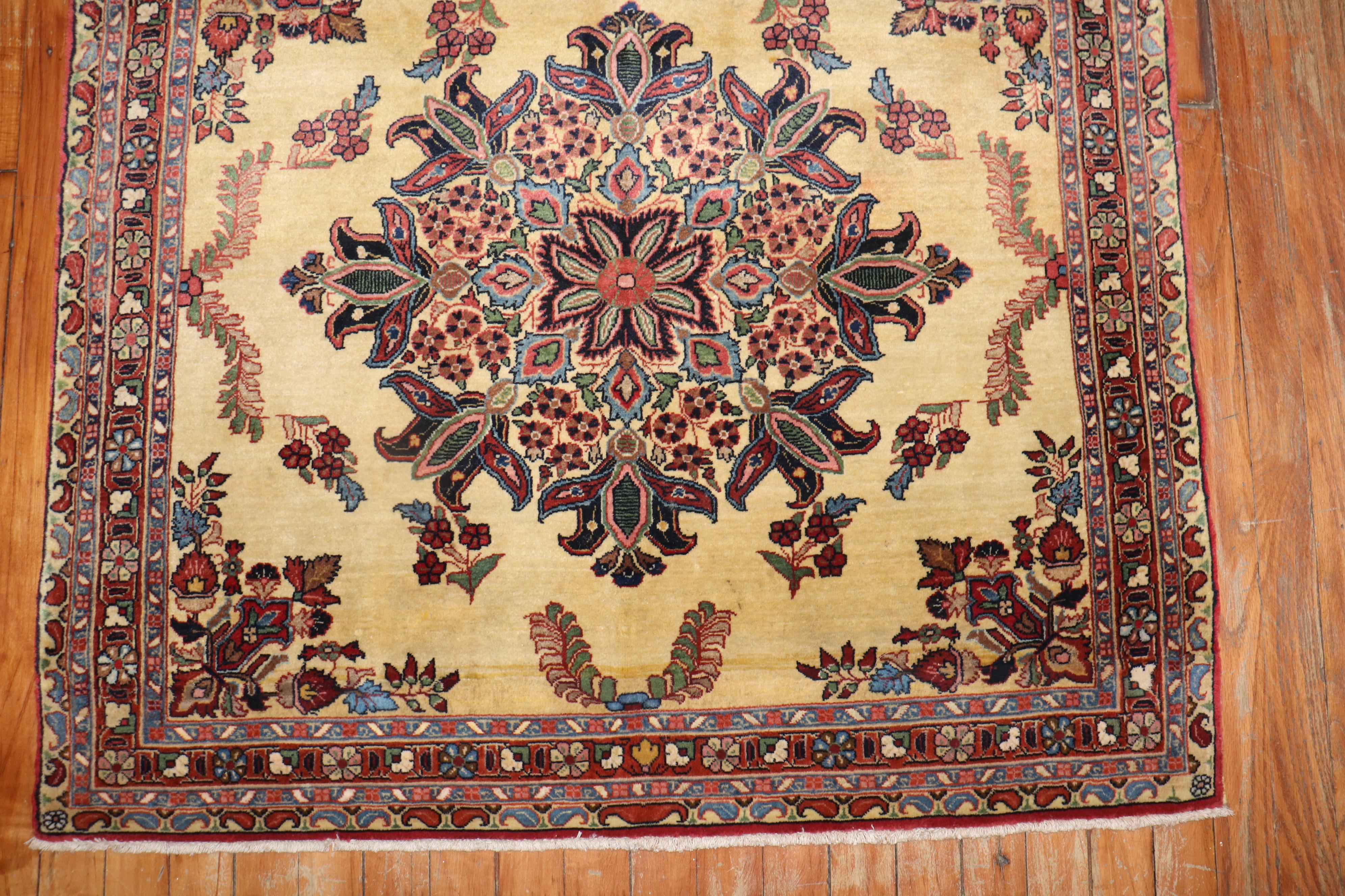 Persian Zabihi Collection Ornate Square Yellow Ground Sarouk Rug For Sale