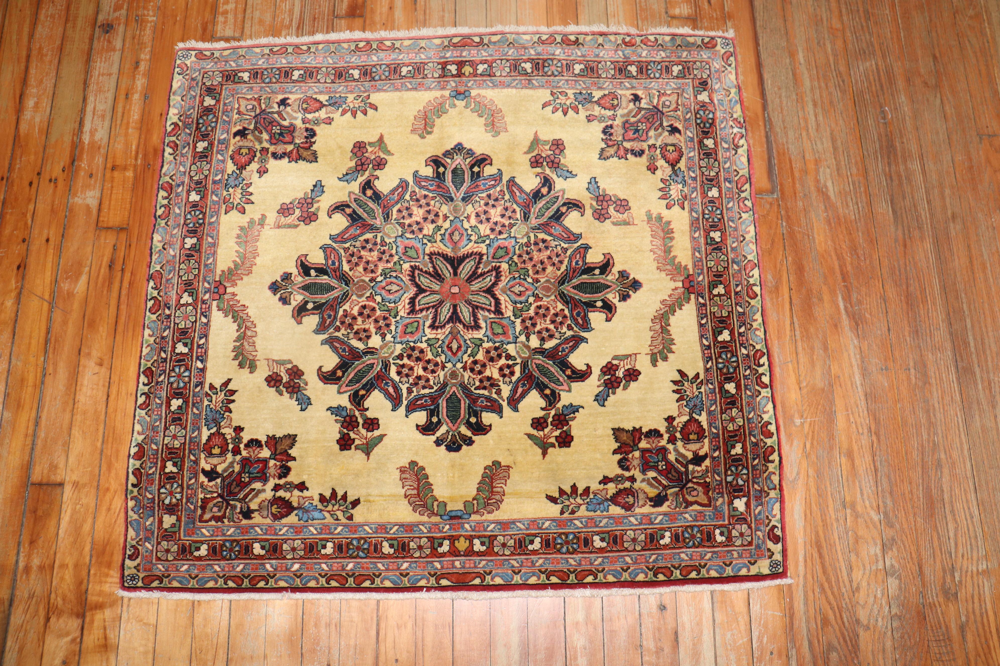 Hand-Woven Zabihi Collection Ornate Square Yellow Ground Sarouk Rug For Sale