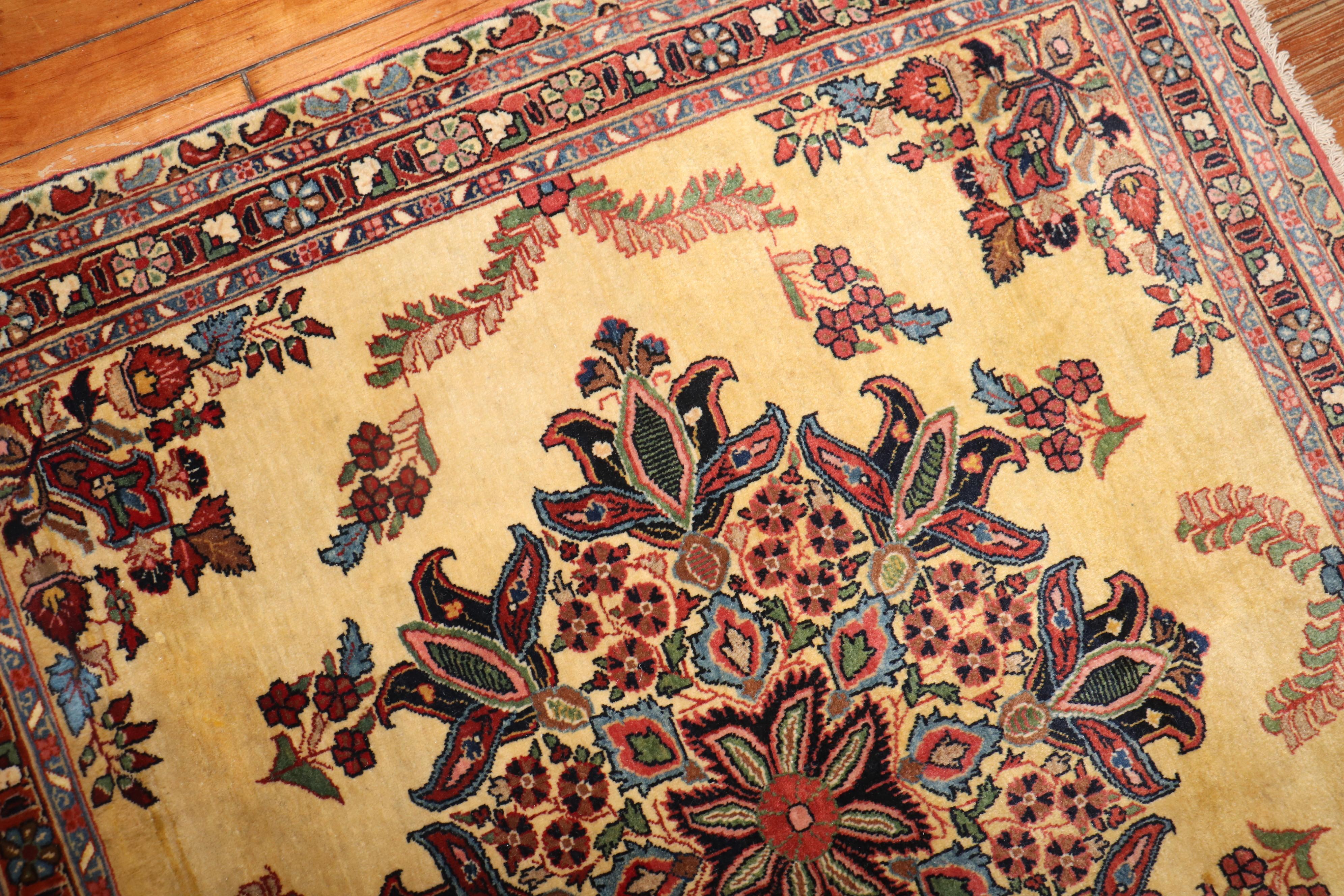 Zabihi Collection Ornate Square Yellow Ground Sarouk Rug In Good Condition For Sale In New York, NY