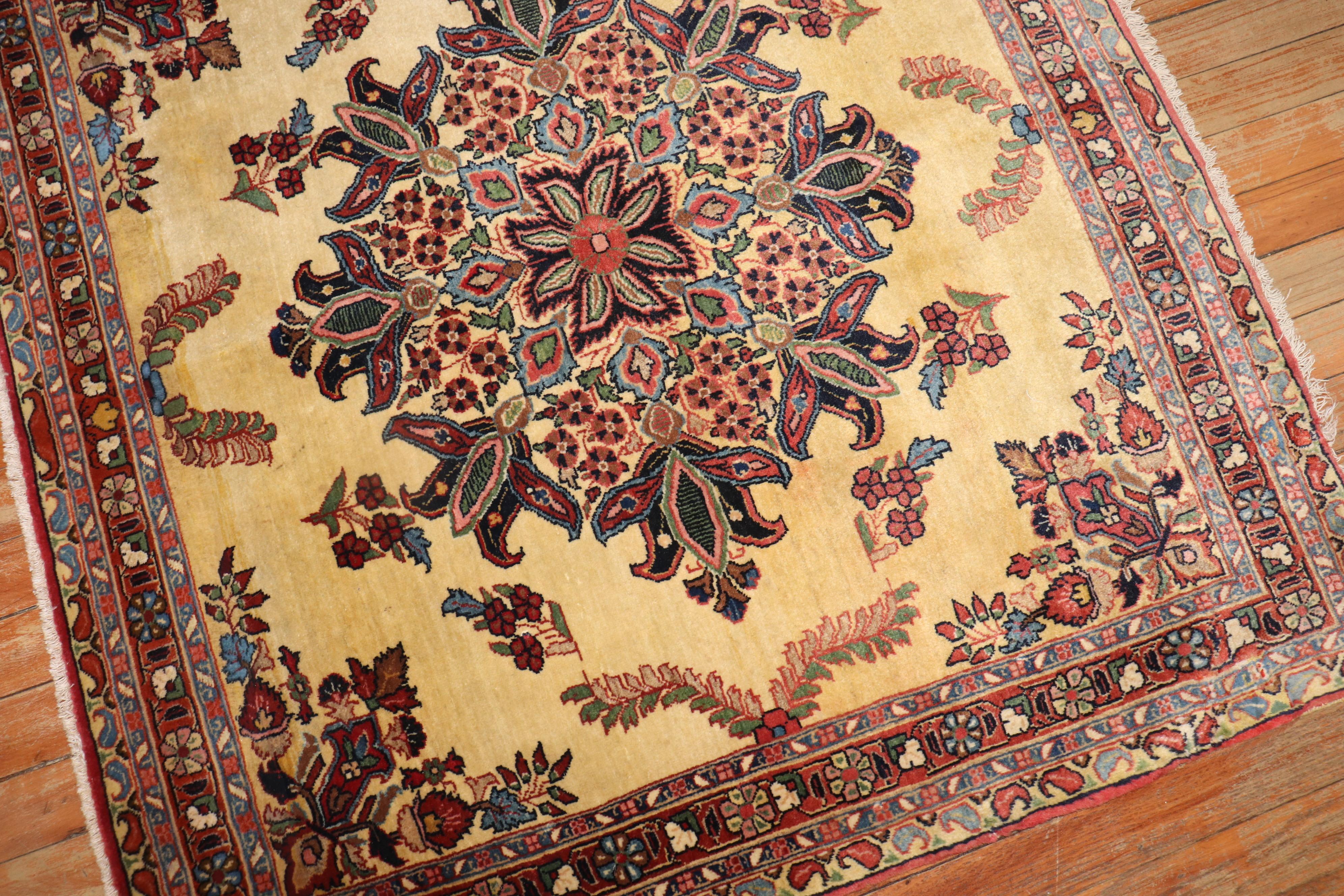 20th Century Zabihi Collection Ornate Square Yellow Ground Sarouk Rug For Sale