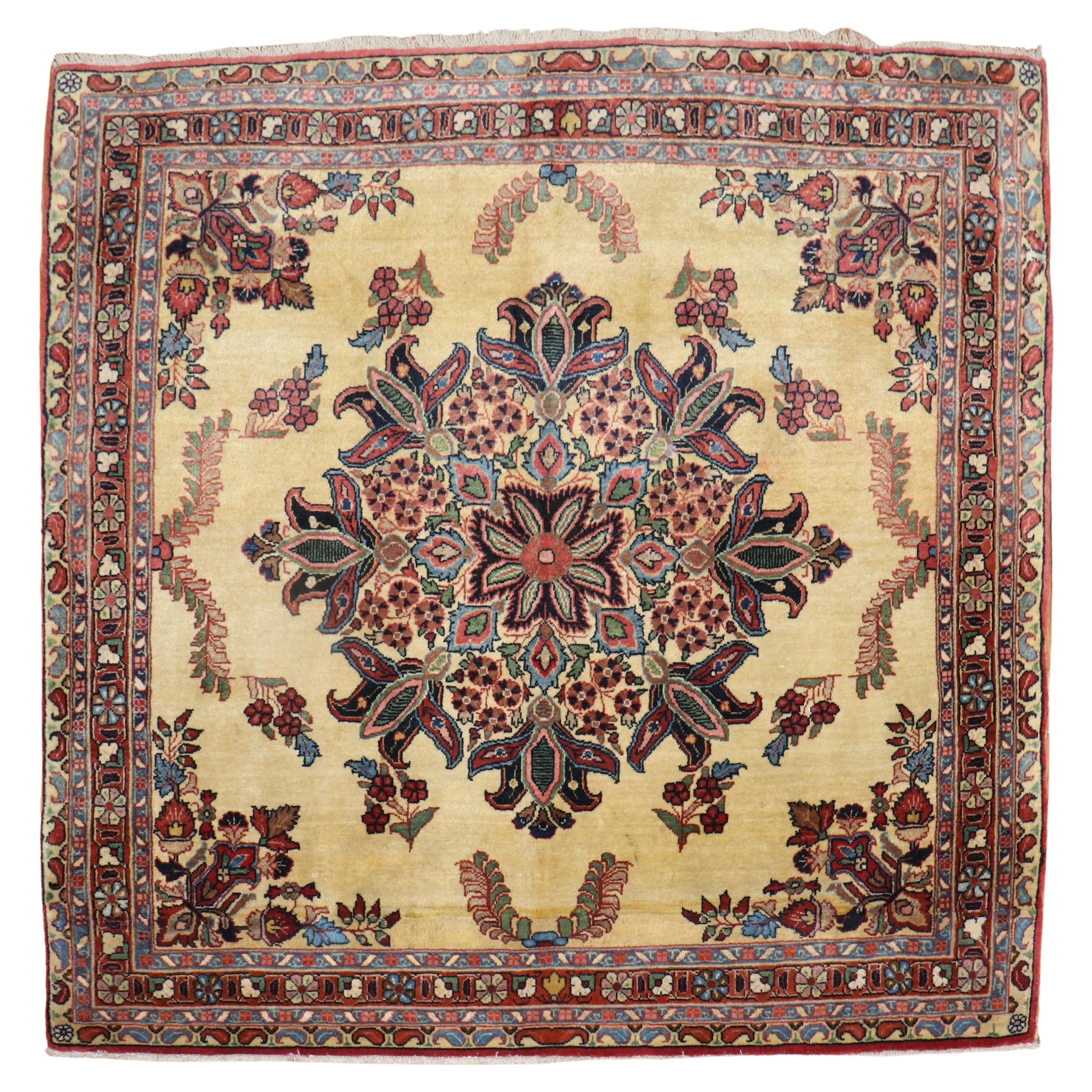 Zabihi Collection Ornate Square Yellow Ground Sarouk Rug For Sale