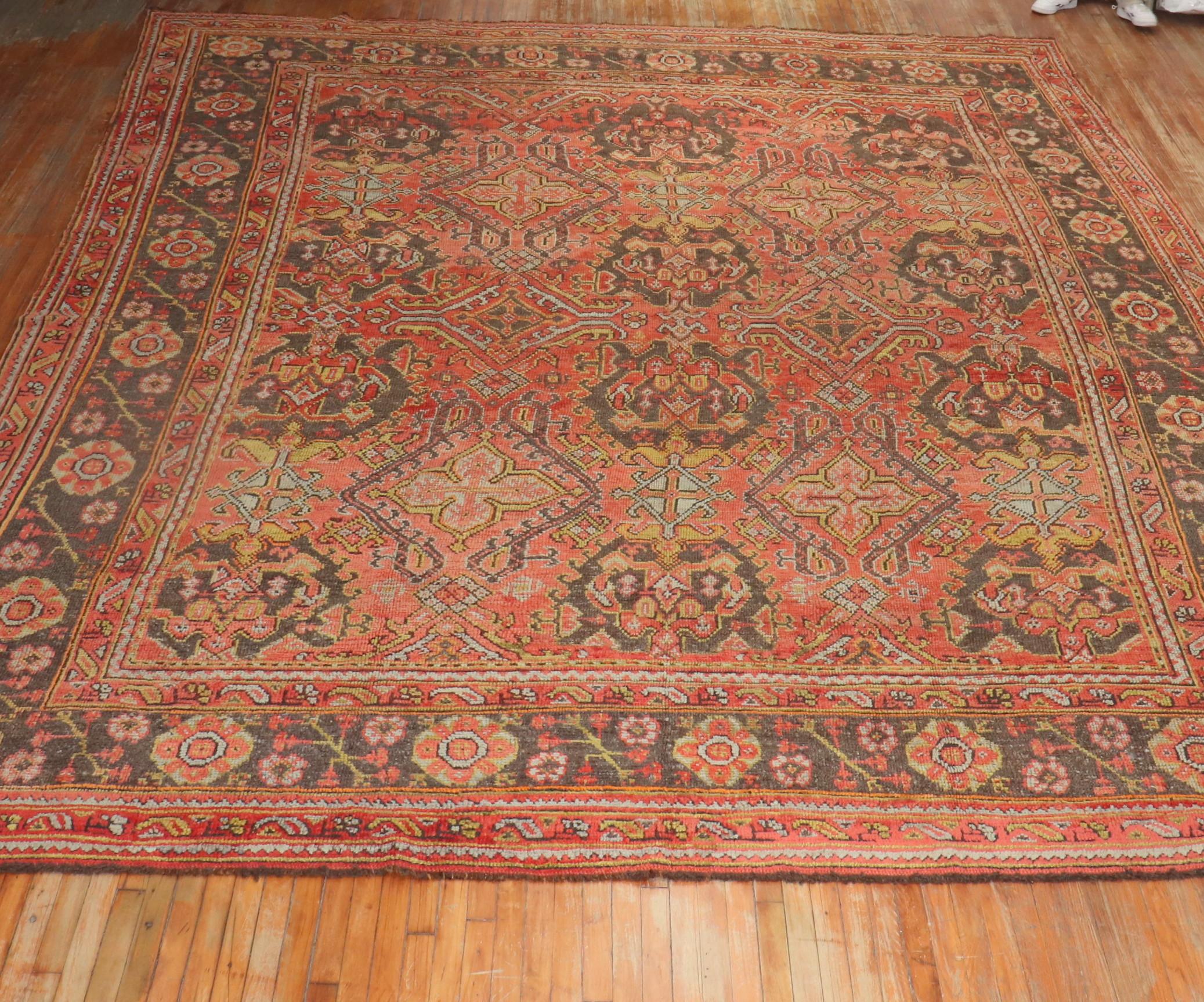 An oversize turn of the 20th century highly decorative antique Oushak rug.

12'8'' x 16'5''

 Without compromising to appeal to Western consumers, Turkish weavers from the city of oushak managed to create one of the country’s most desirable rug