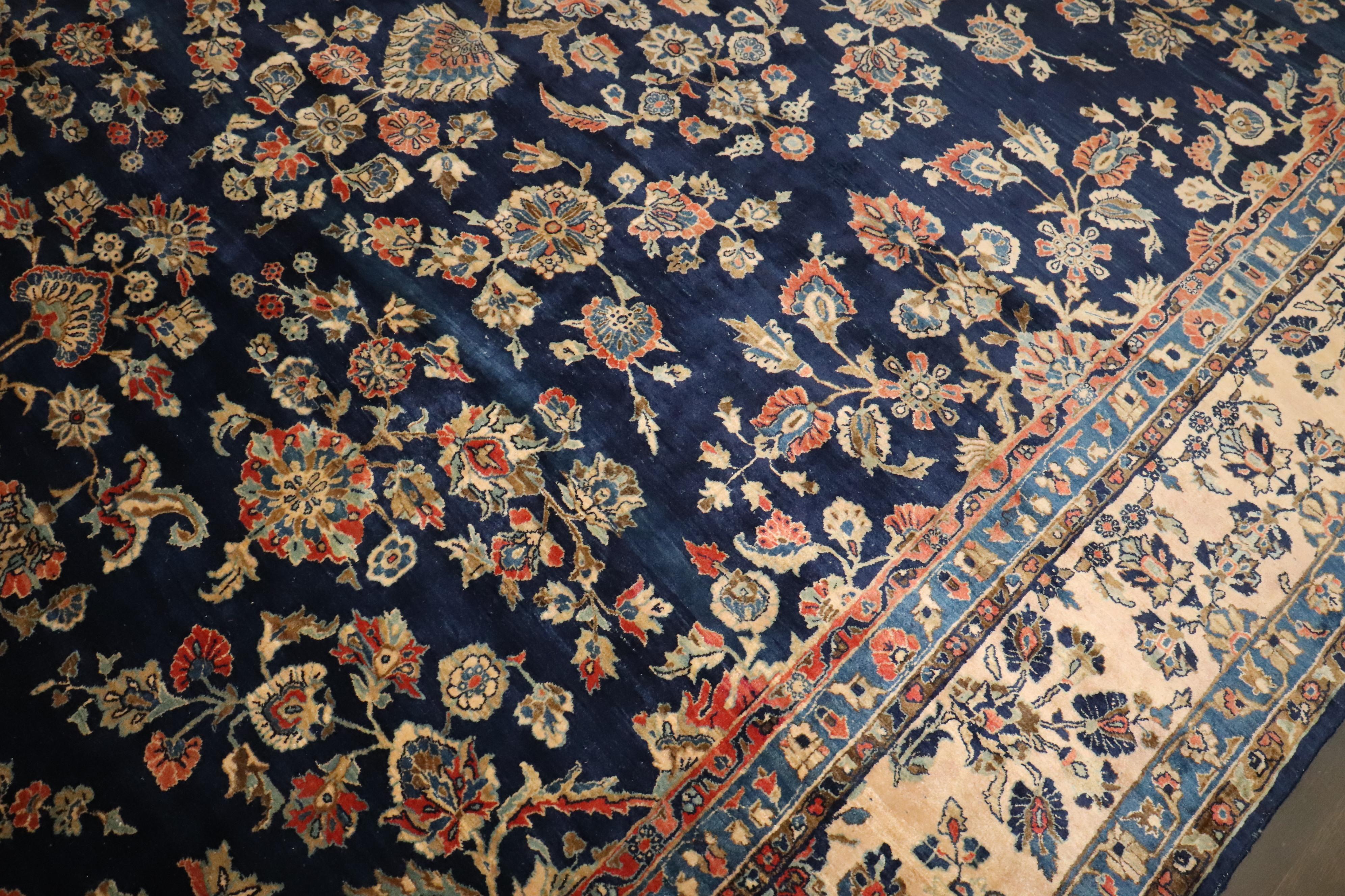 Agra Zabihi Collection Oversize Manchester Wool Navy Persian Sarouk Rug For Sale