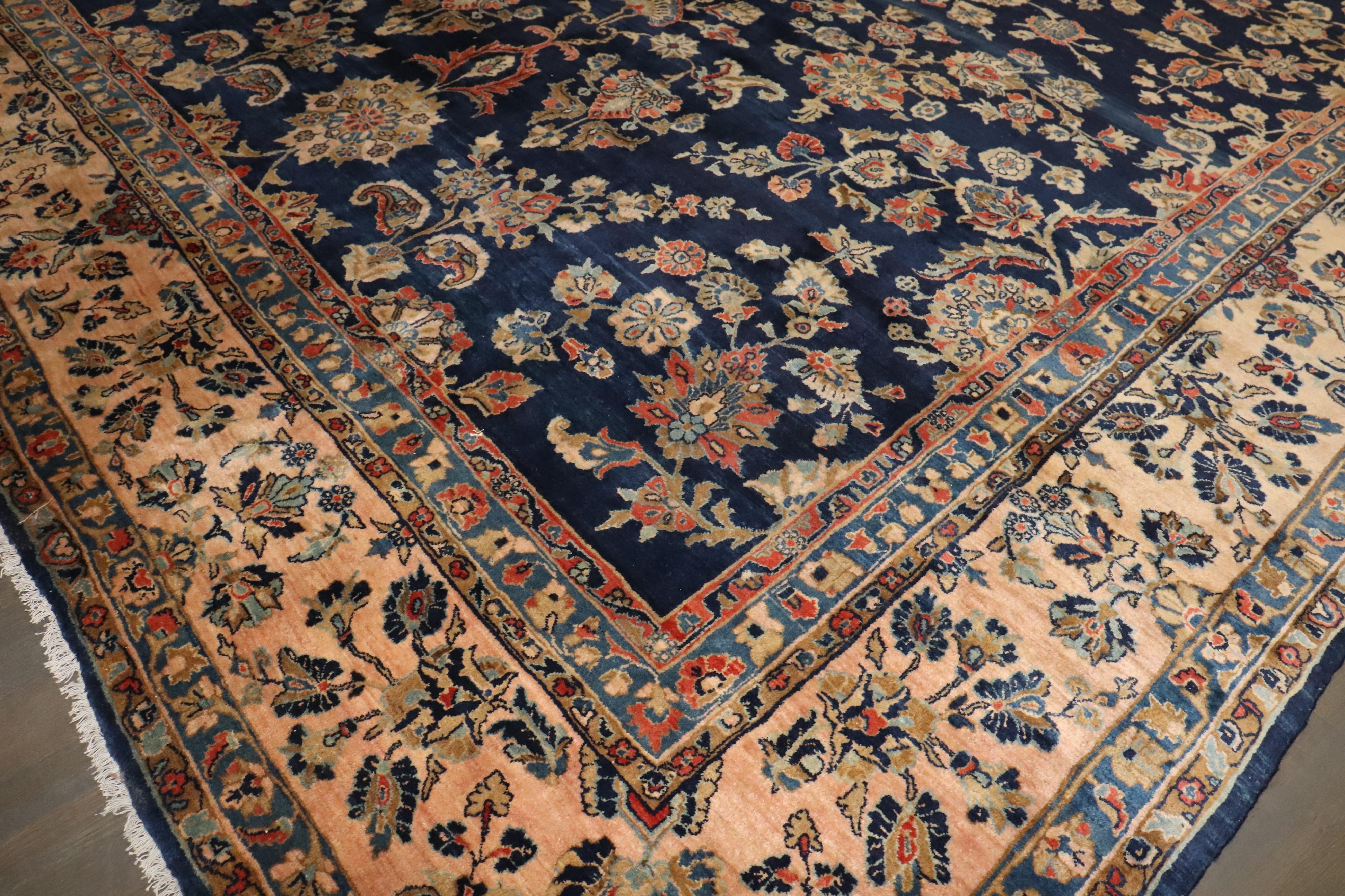 Zabihi Collection Oversize Manchester Wool Navy Persian Sarouk Rug In Good Condition For Sale In New York, NY