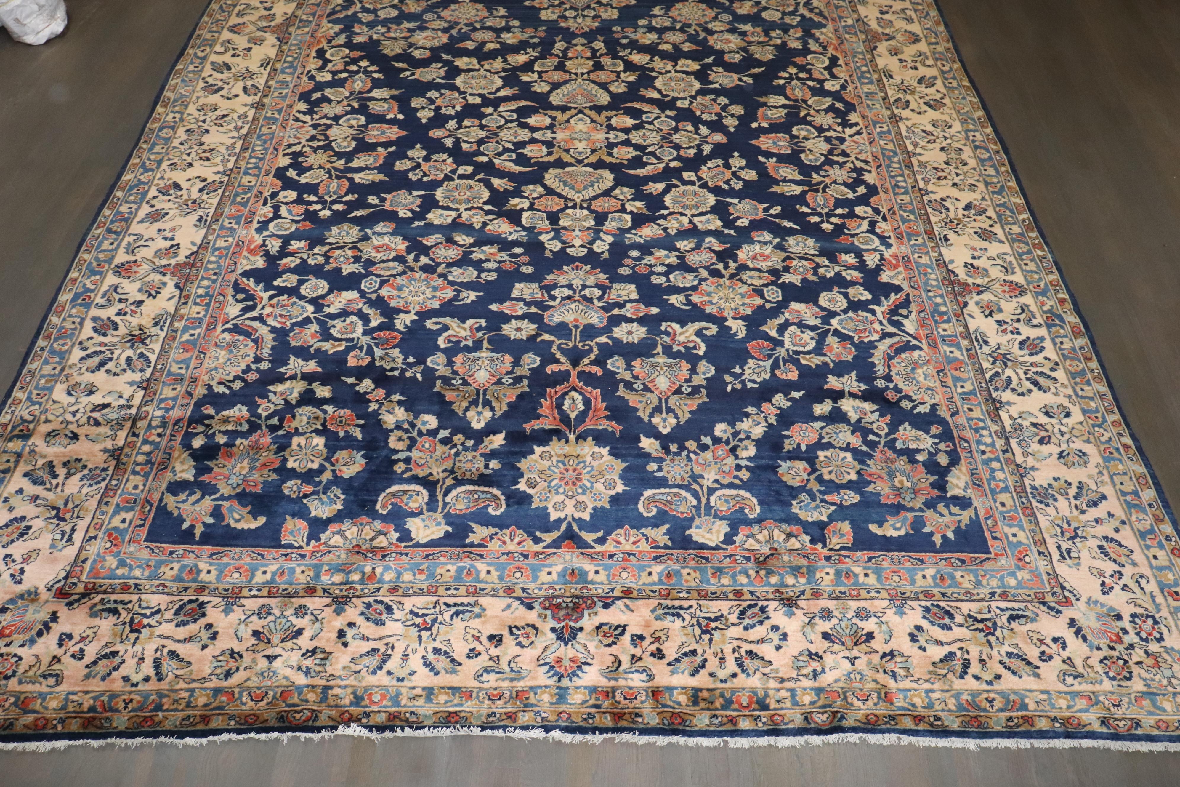Zabihi Collection Oversize Manchester Wool Navy Persian Sarouk Rug For Sale 2