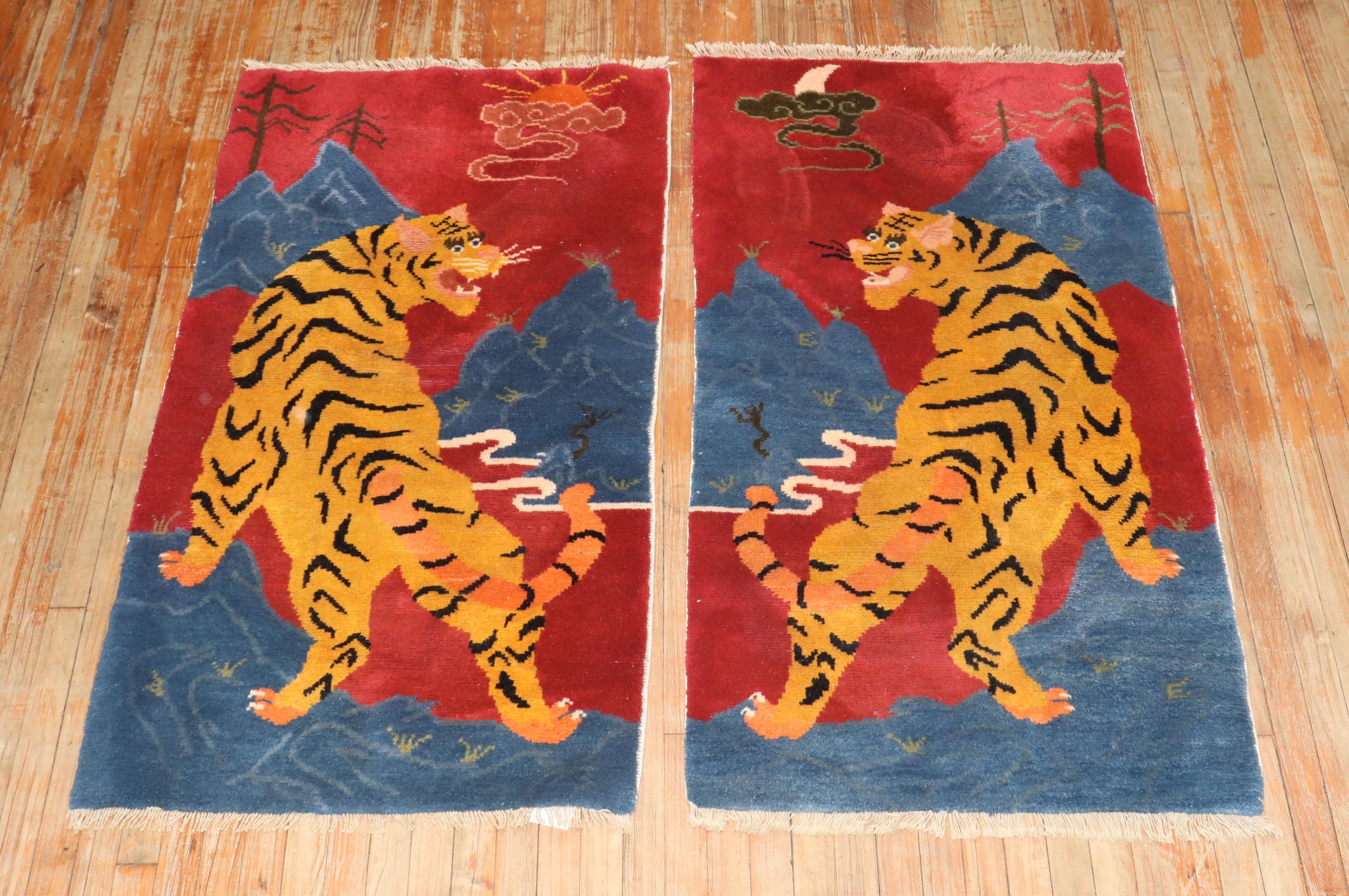 Folk Art Zabihi Collection Paid of Tiger Tibetan Rugs For Sale