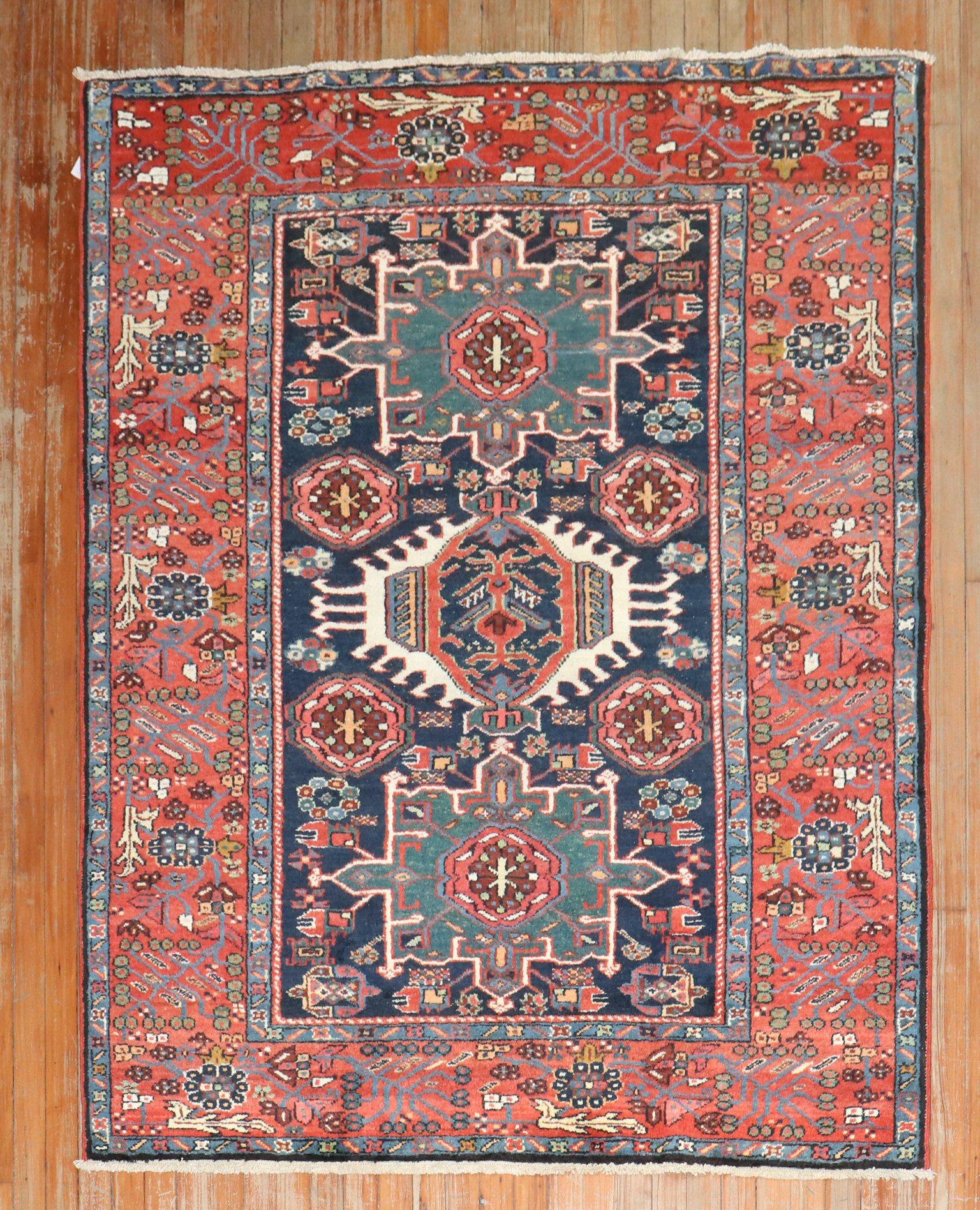 Zabihi Collection Pair of Antique Navy Heriz Accent Rugs For Sale 3