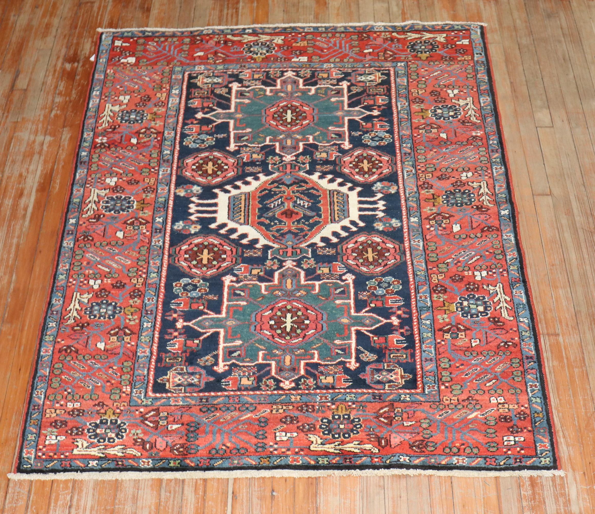 Zabihi Collection Pair of Antique Navy Heriz Accent Rugs For Sale 4