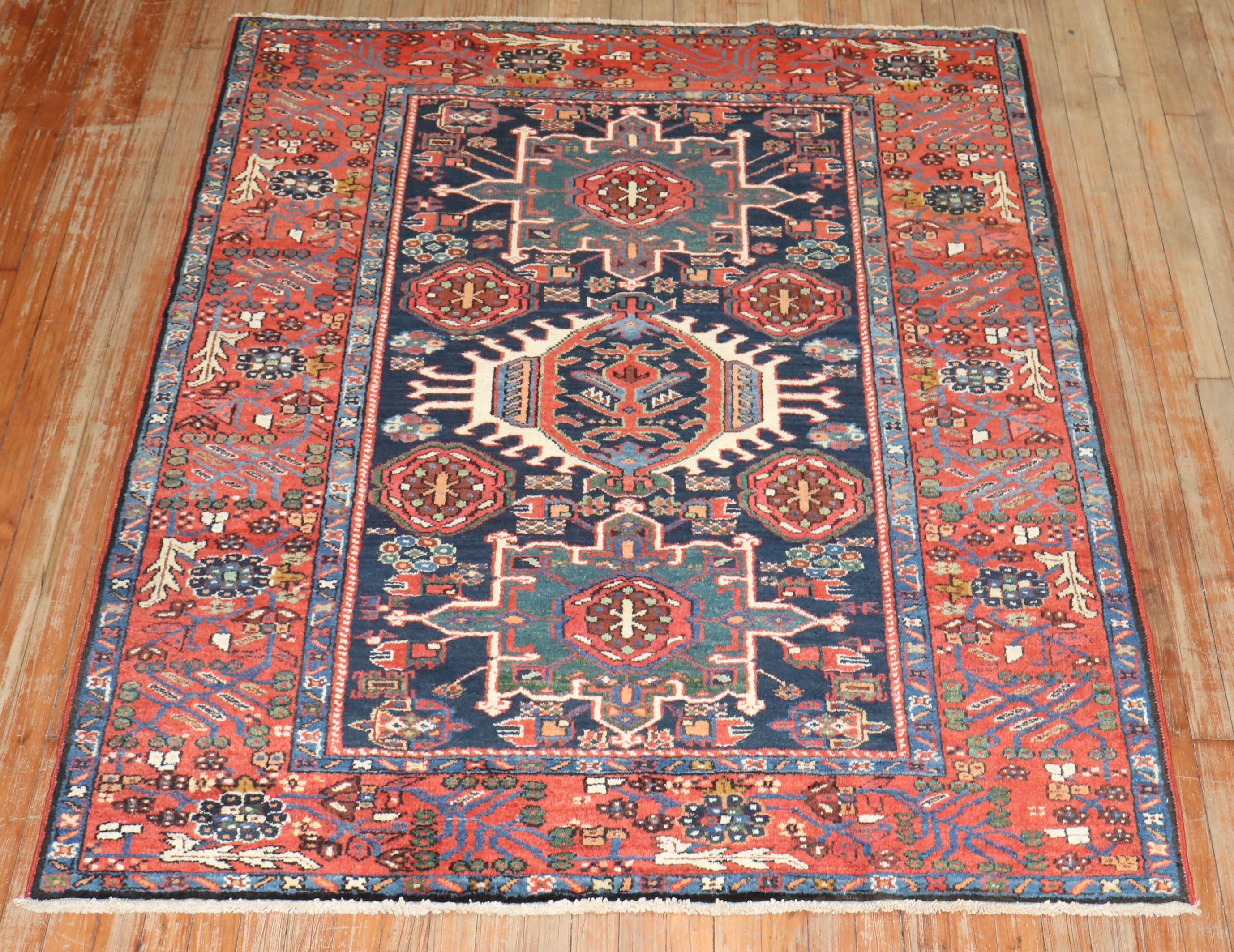 Hand-Knotted Zabihi Collection Pair of Antique Navy Heriz Accent Rugs For Sale