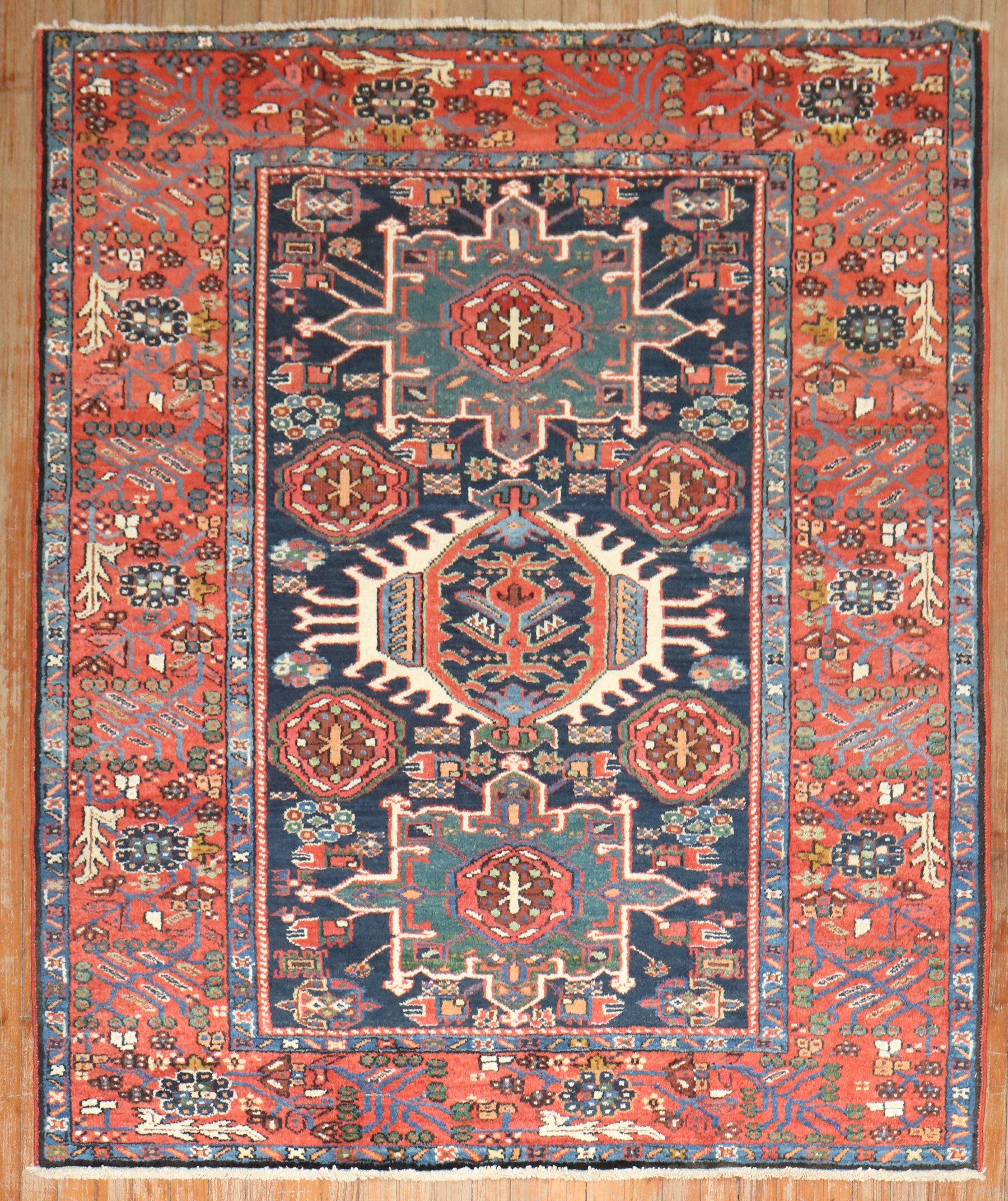 Zabihi Collection Pair of Antique Navy Heriz Accent Rugs In Good Condition For Sale In New York, NY