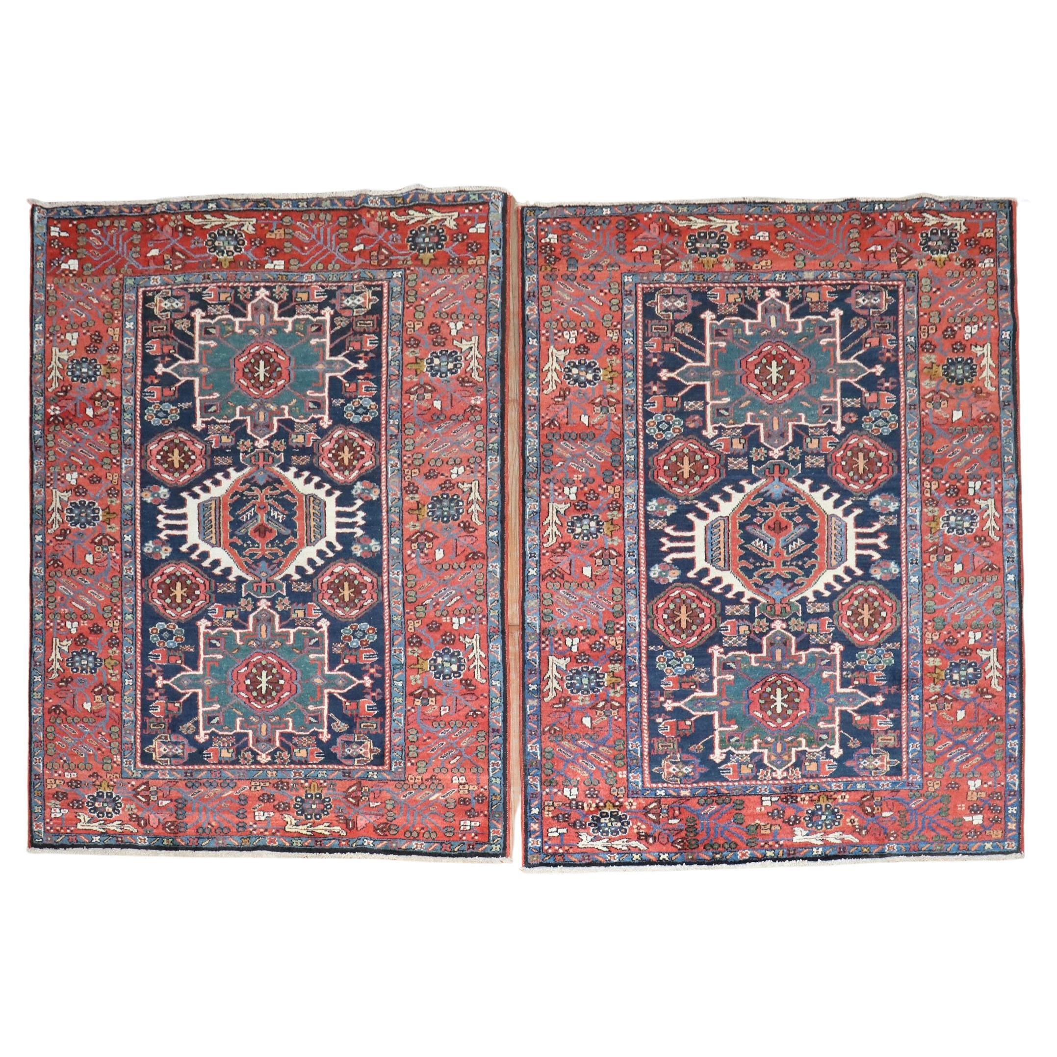 Zabihi Collection Pair of Antique Navy Heriz Accent Rugs For Sale