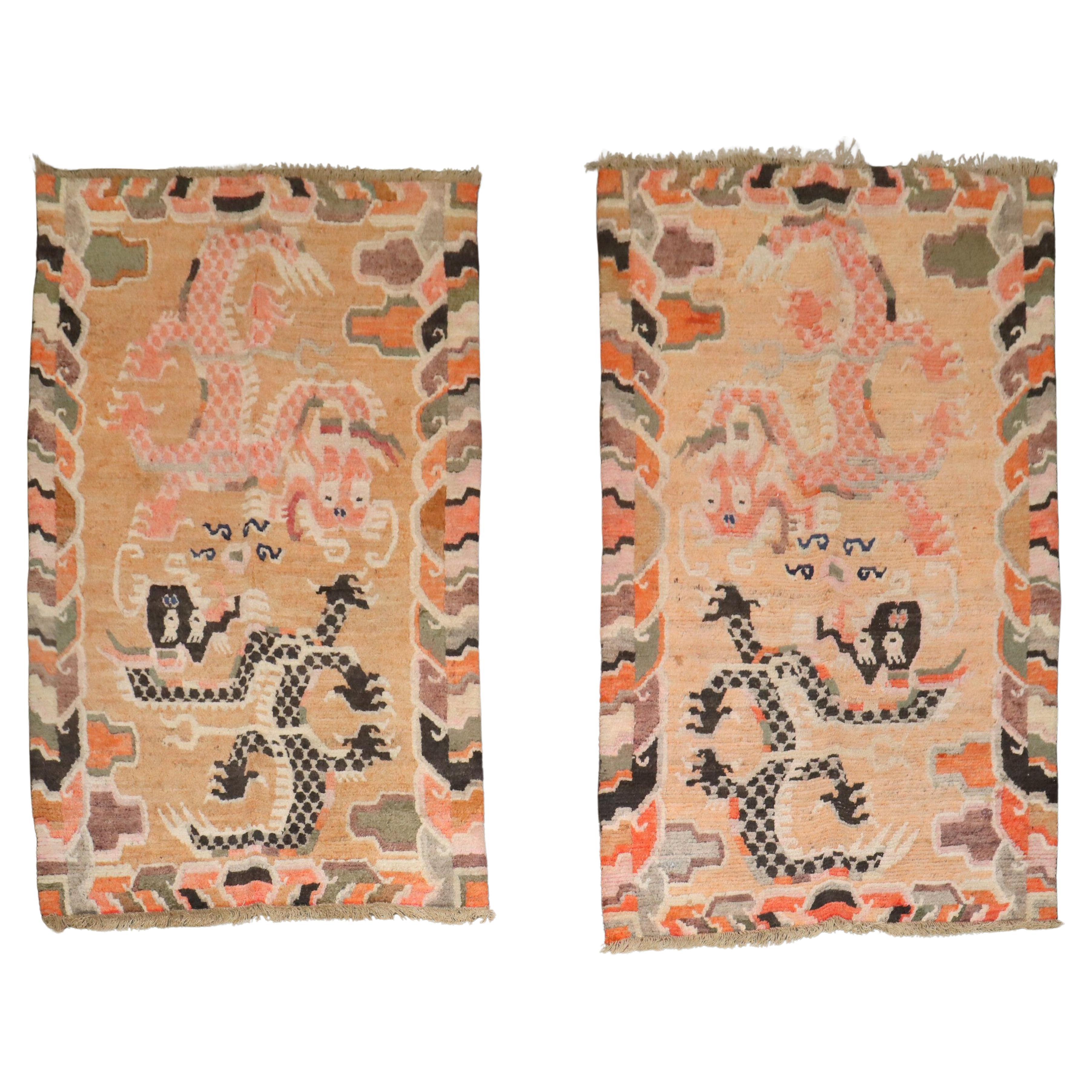Zabihi Collection Pair of Dragon Antique Tibetan Bedside Rugs For Sale