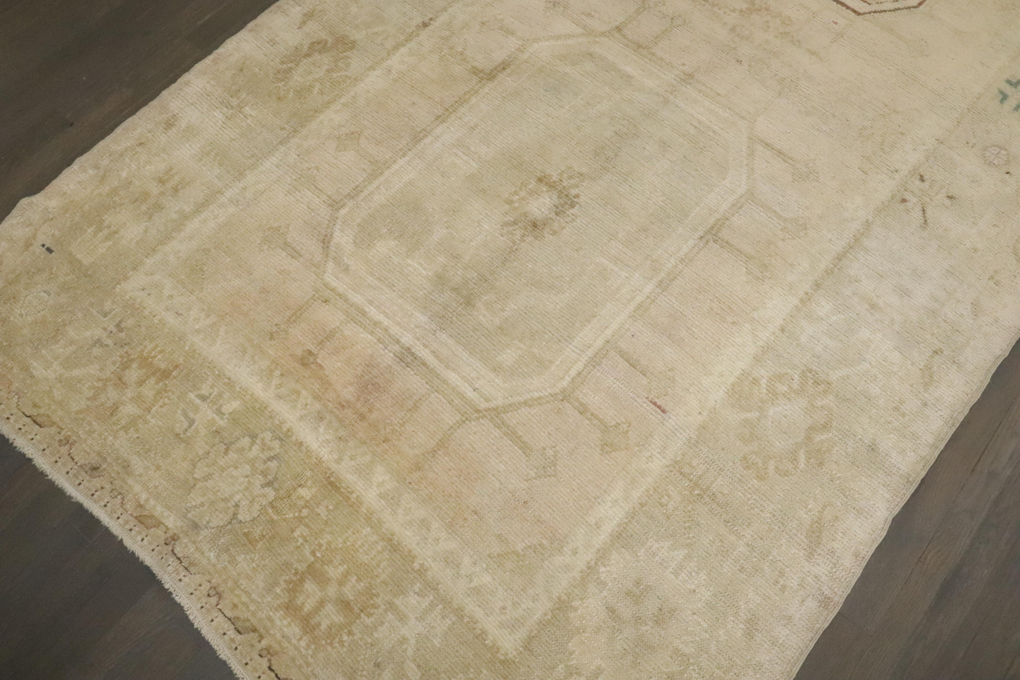 Hand-Knotted Zabihi Collection Pale Vintage Turkish Oushak Wide Runner For Sale