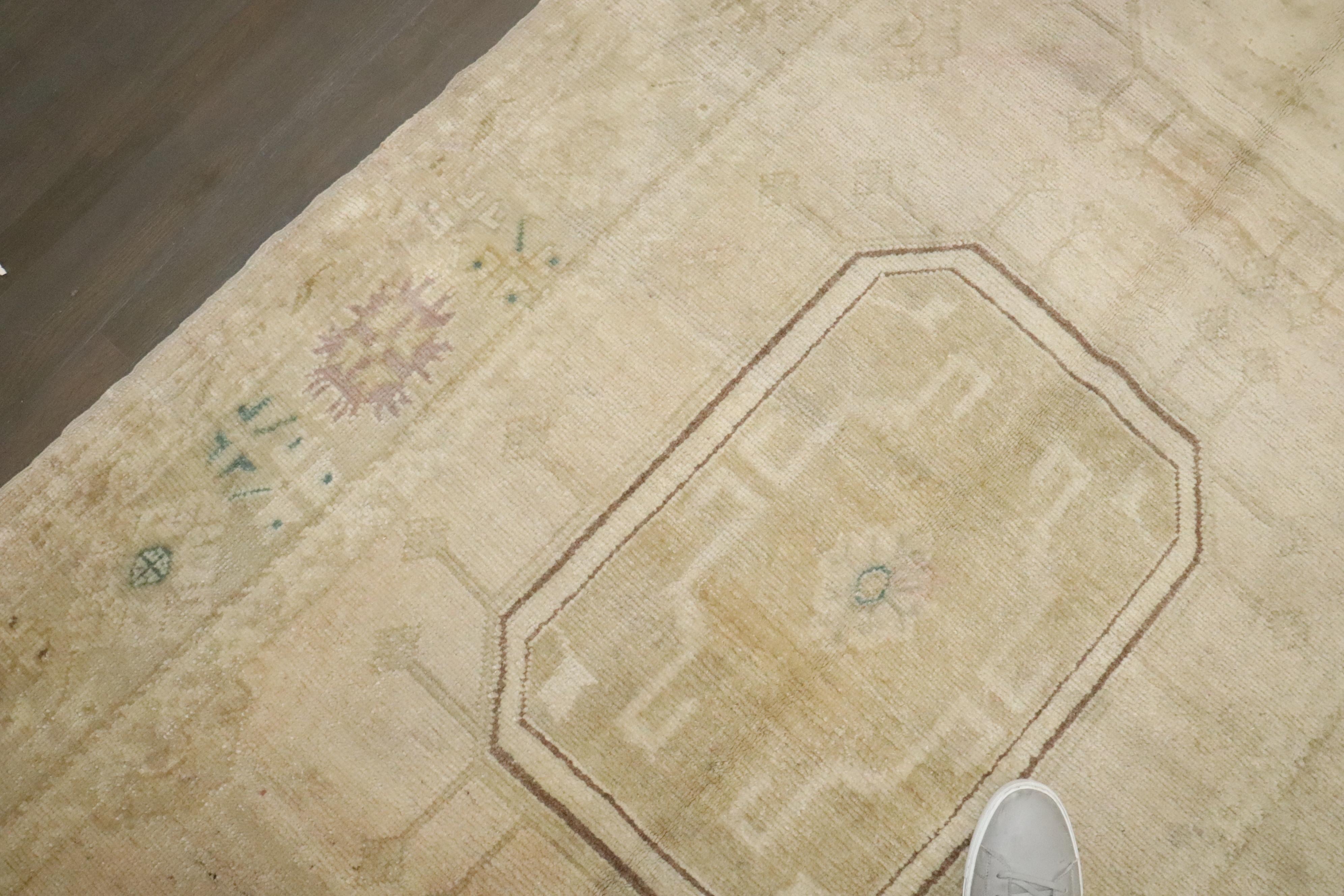20th Century Zabihi Collection Pale Vintage Turkish Oushak Wide Runner For Sale
