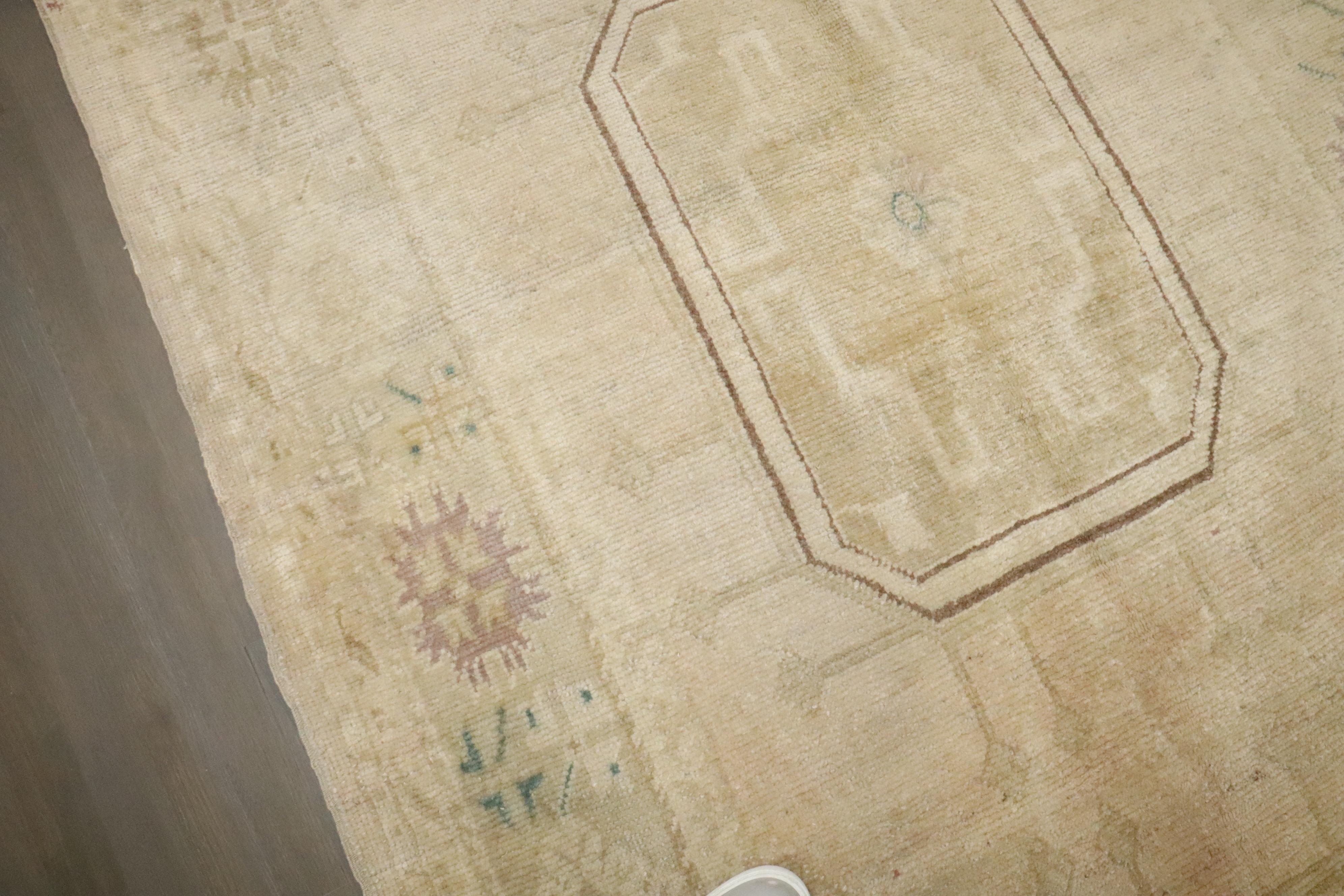 Wool Zabihi Collection Pale Vintage Turkish Oushak Wide Runner For Sale