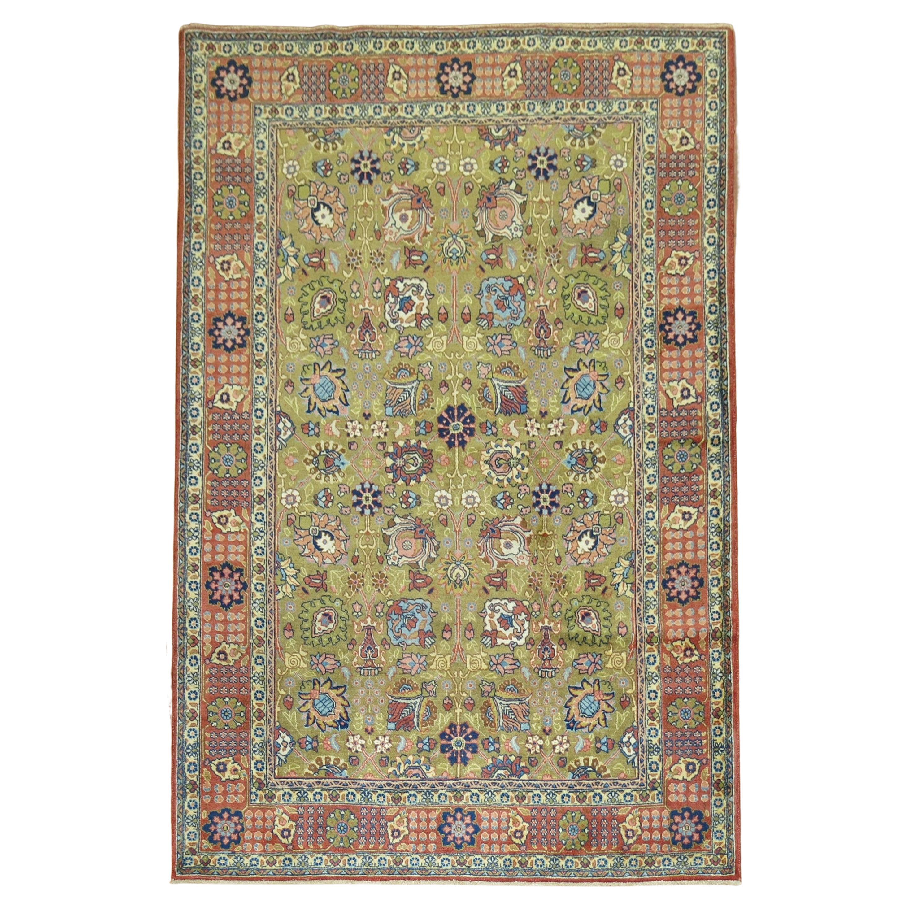 Zabihi Collection Pea Green Vintage Persian Tabriz Carpet