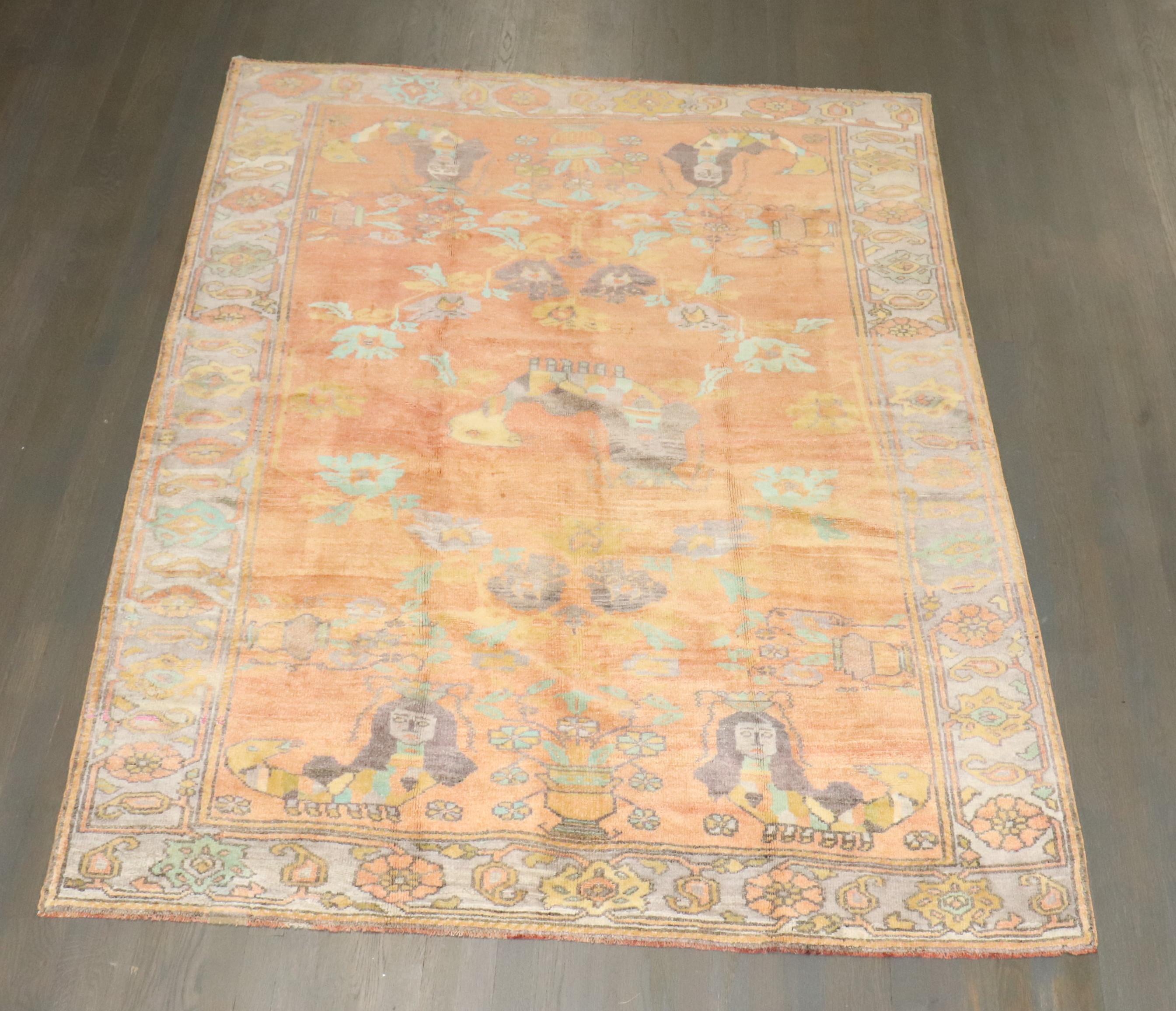 Zabihi Collection Peach Orange Vintage Turkish Anatolian Mermaid Rug For Sale 4