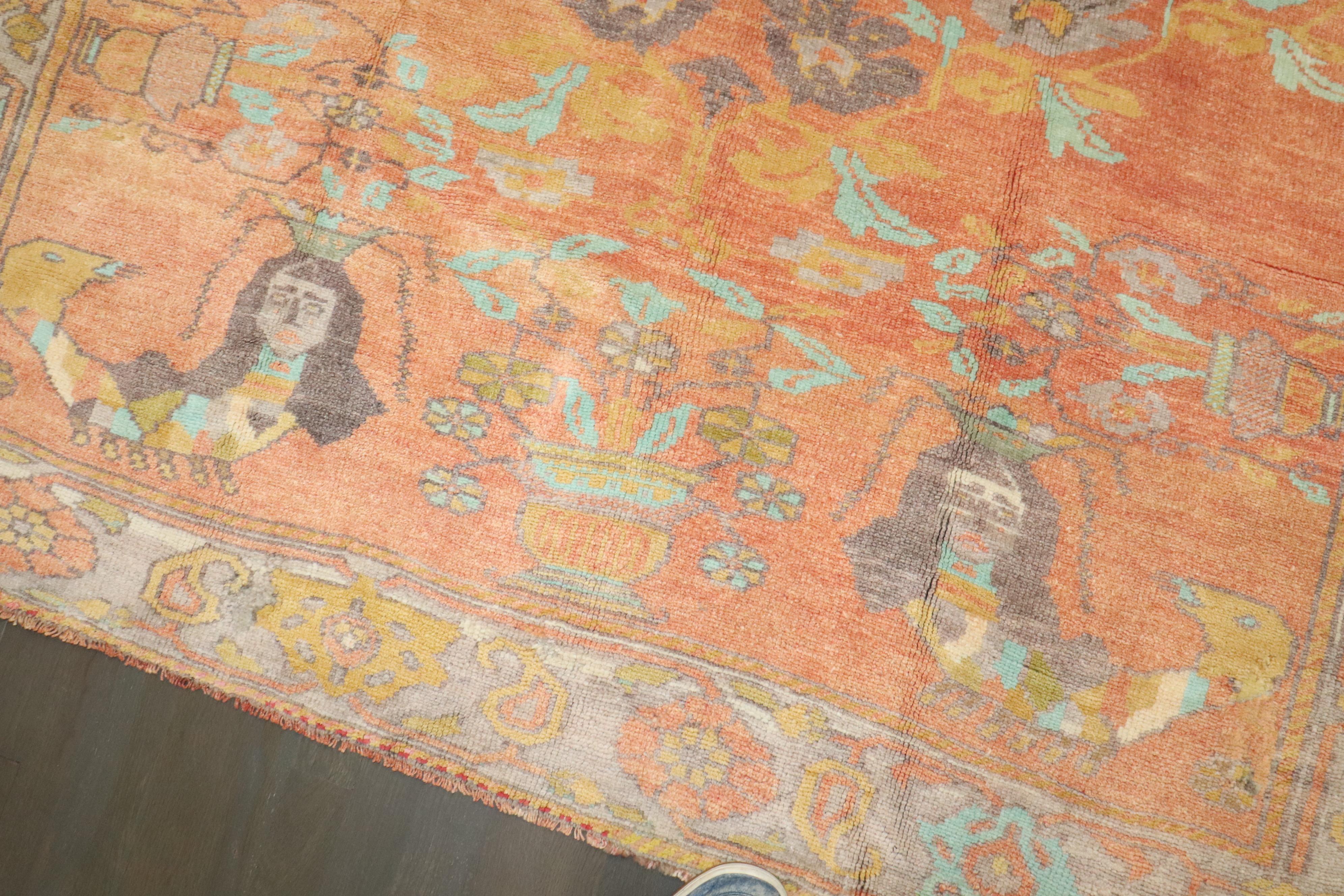 Hand-Knotted Zabihi Collection Peach Orange Vintage Turkish Anatolian Mermaid Rug For Sale