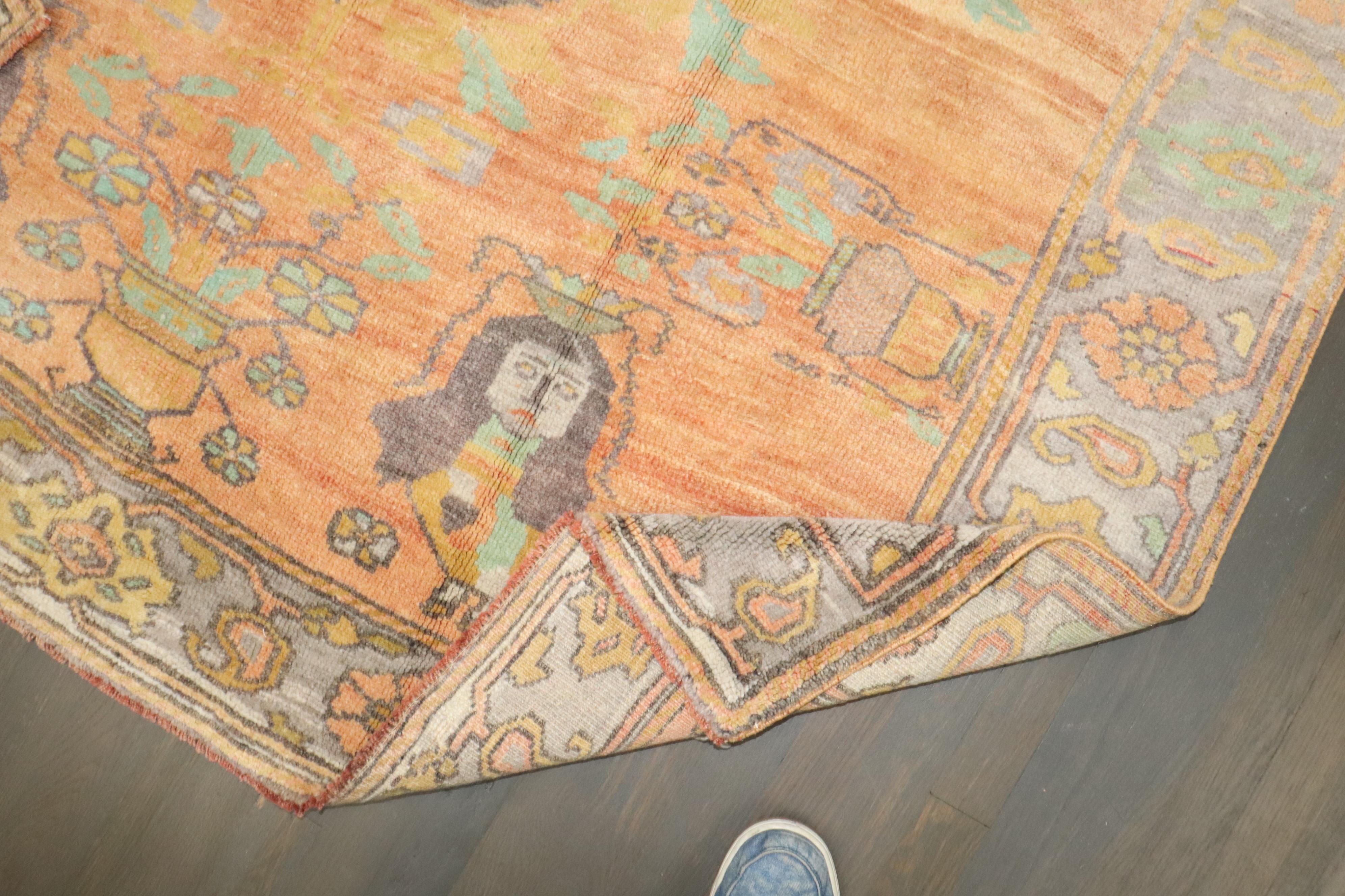 20th Century Zabihi Collection Peach Orange Vintage Turkish Anatolian Mermaid Rug For Sale
