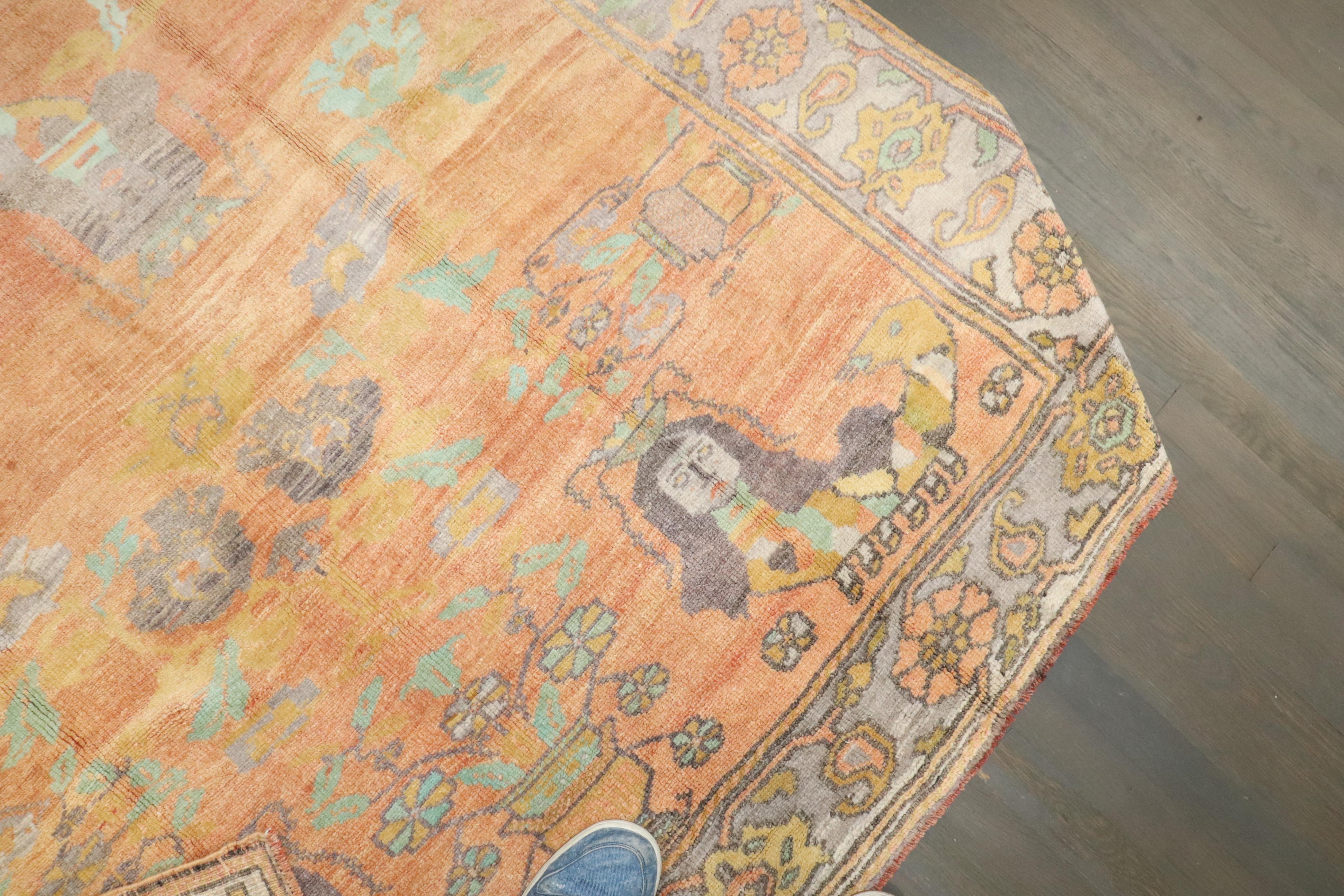 Wool Zabihi Collection Peach Orange Vintage Turkish Anatolian Mermaid Rug For Sale