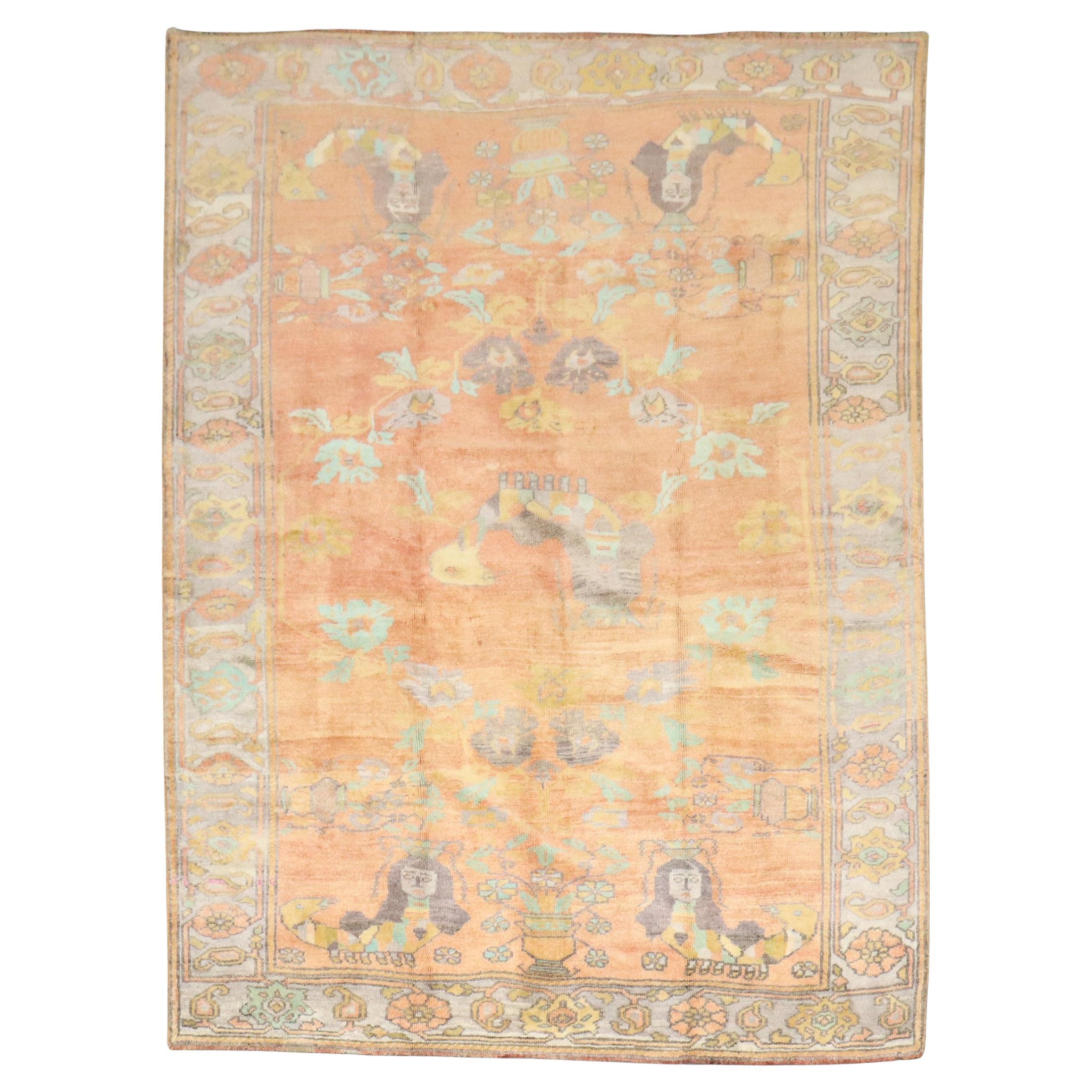 Zabihi Collection Peach Orange Vintage Turkish Anatolian Mermaid Rug