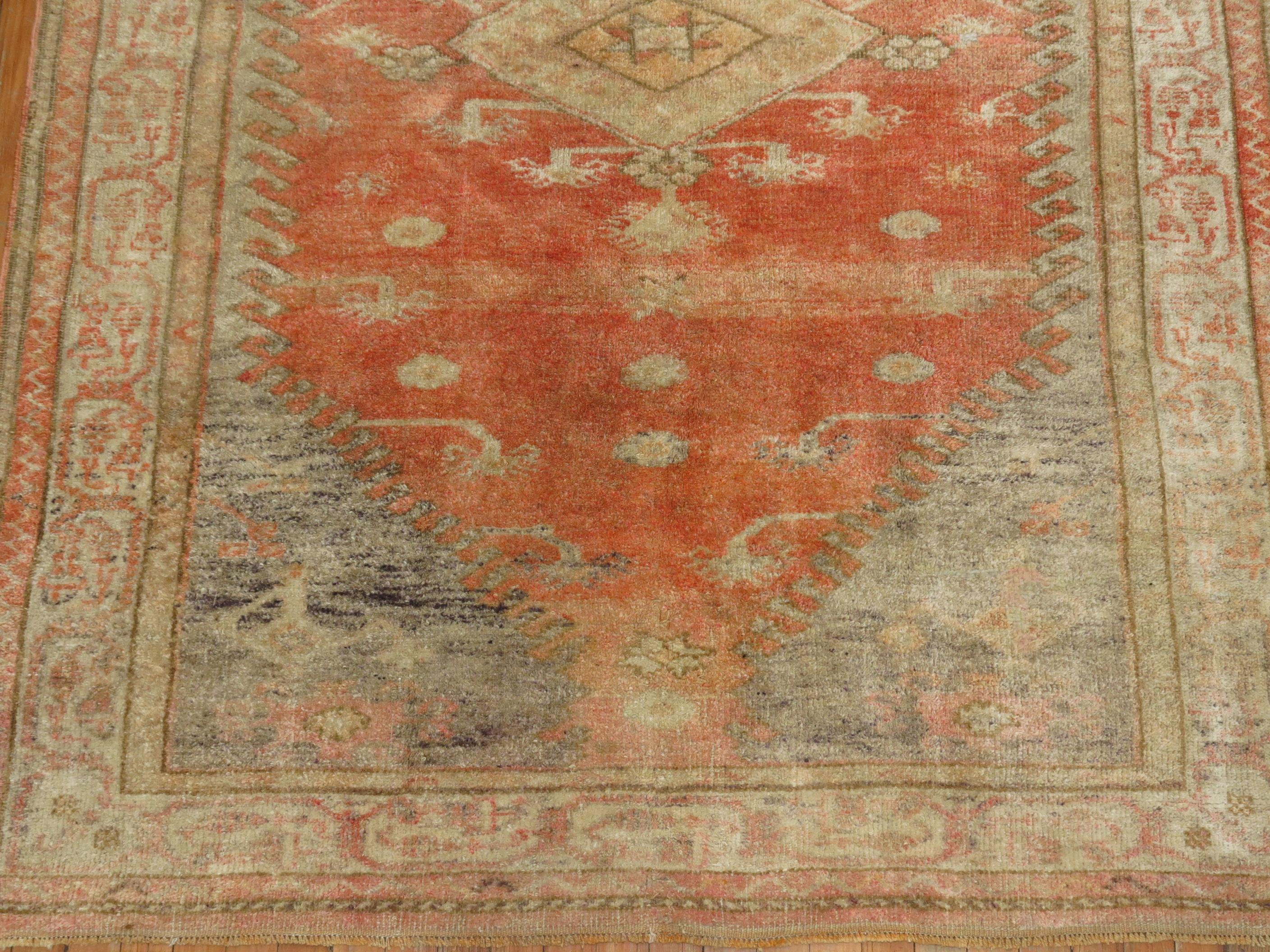 Zabihi Collection Peach Orange Vintage Turkish Anatolian Rug For Sale 1