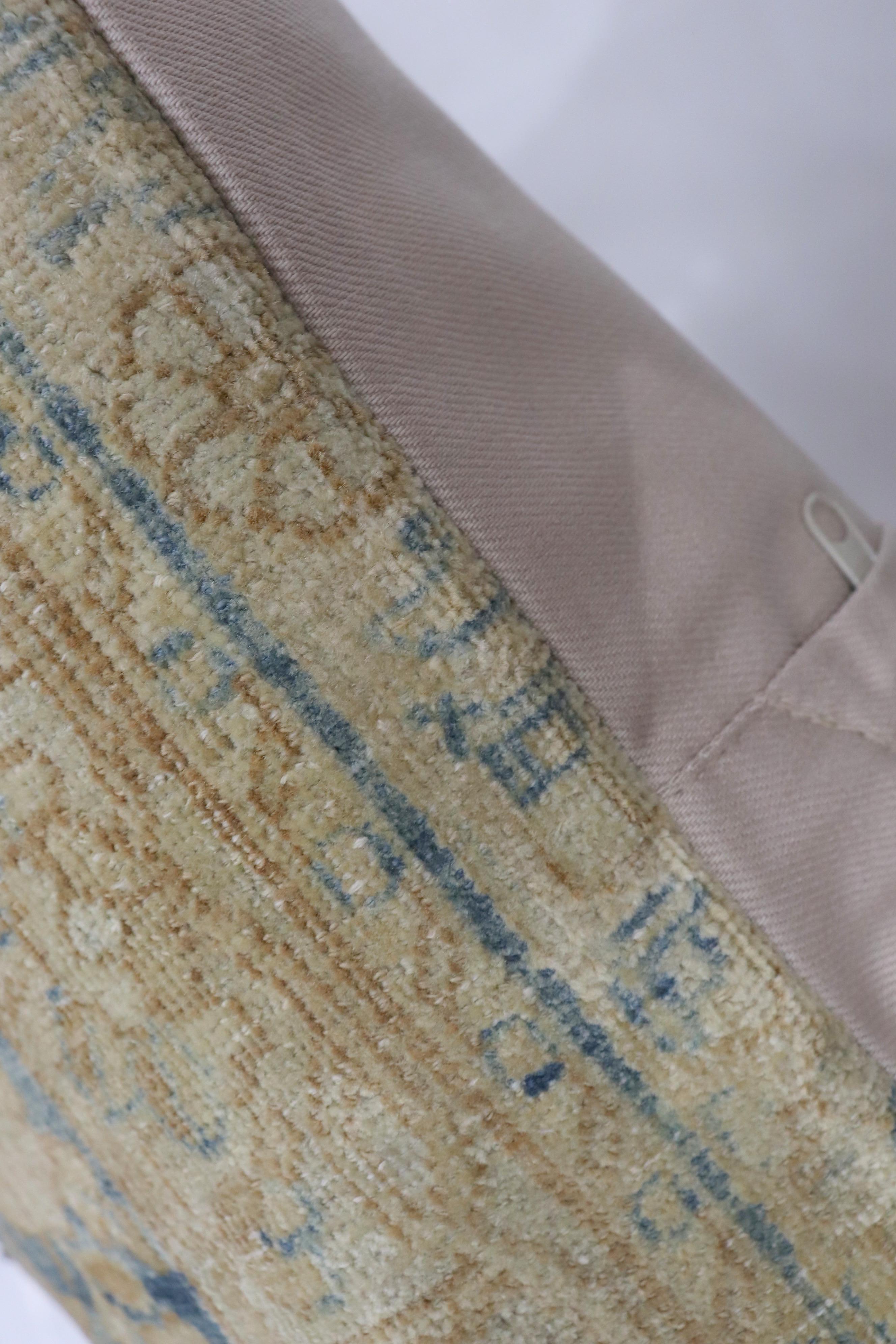 Tabriz Zabihi Collection Persian Blue Tan Kerman Antique Rug Pillow For Sale